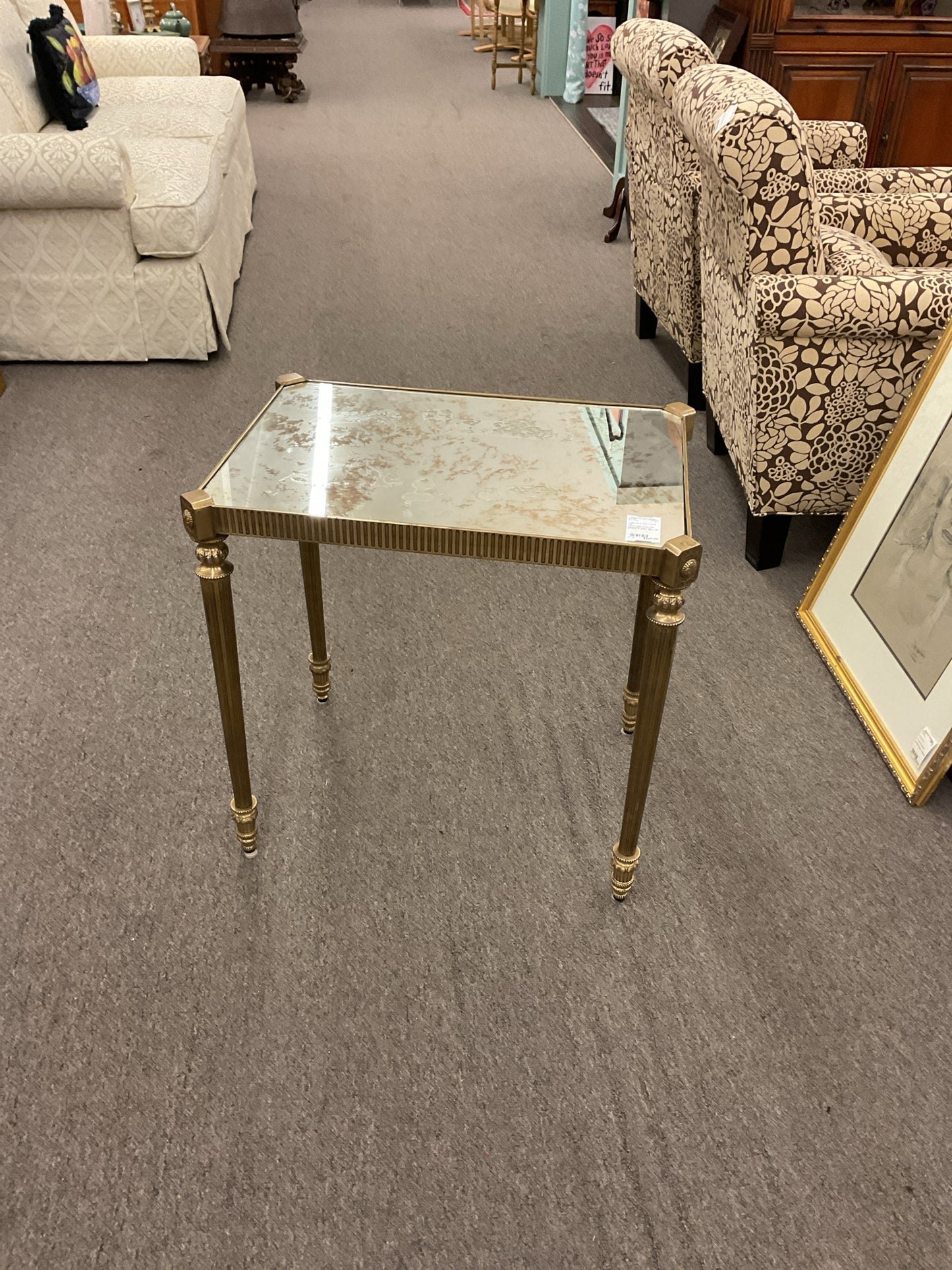 French-Style Brass Side Table w/Mirrored Top