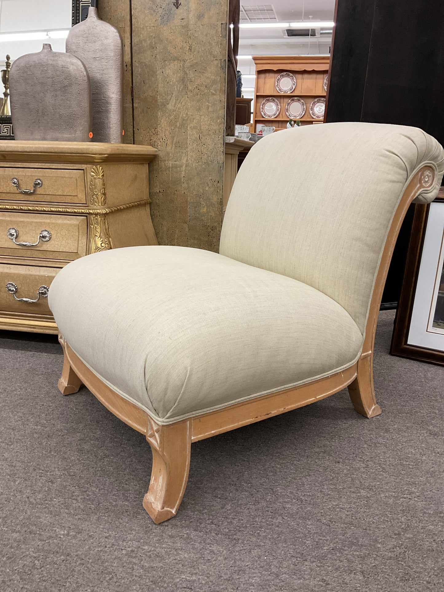 Upholstered Cream Gold Linen Slipper Chair
