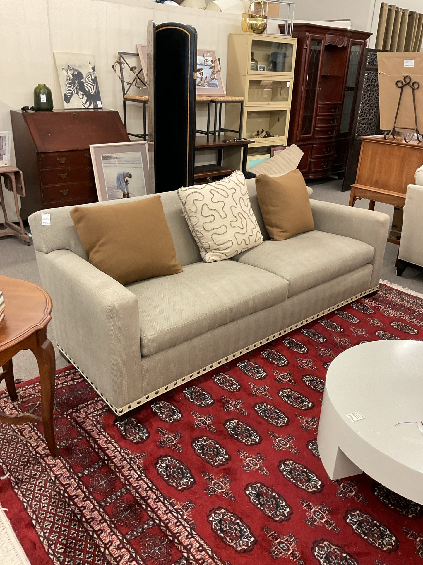 Grey Chevron Fabric Sofa w/Leather Trim and Nail Head Detail