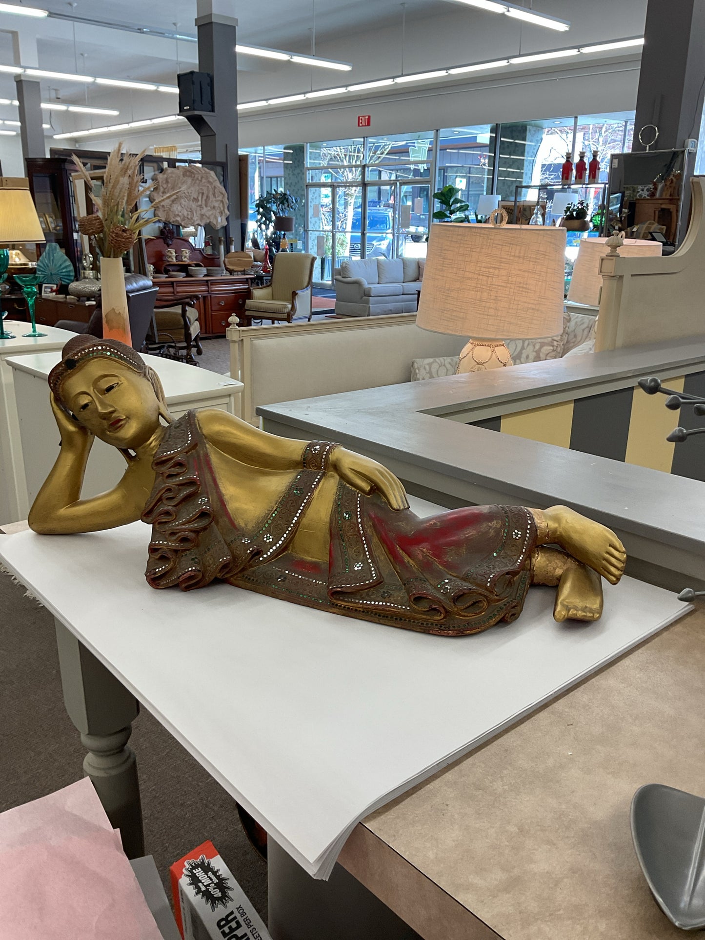 Vintage Burmese Reclining Buddha Statue 34"L, 14"H