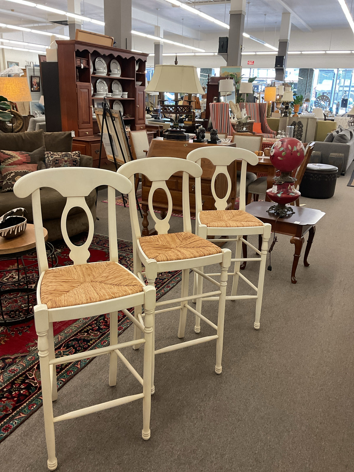 Pottery Barn Napoleon Barstool Set (3) Off-White w/Woven Rush Seat
