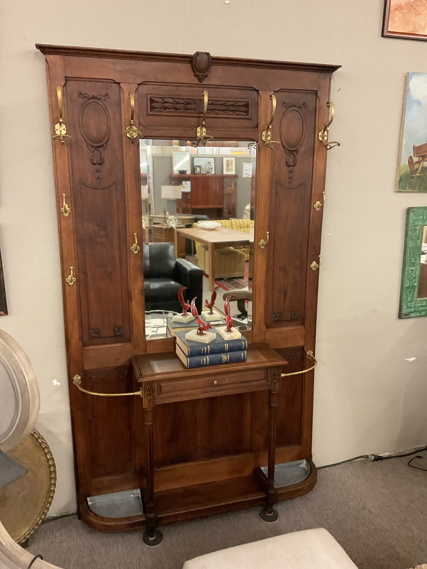 Antique Hall Tree w/Brass Hooks & Mirror 82"H,48"W,11"D