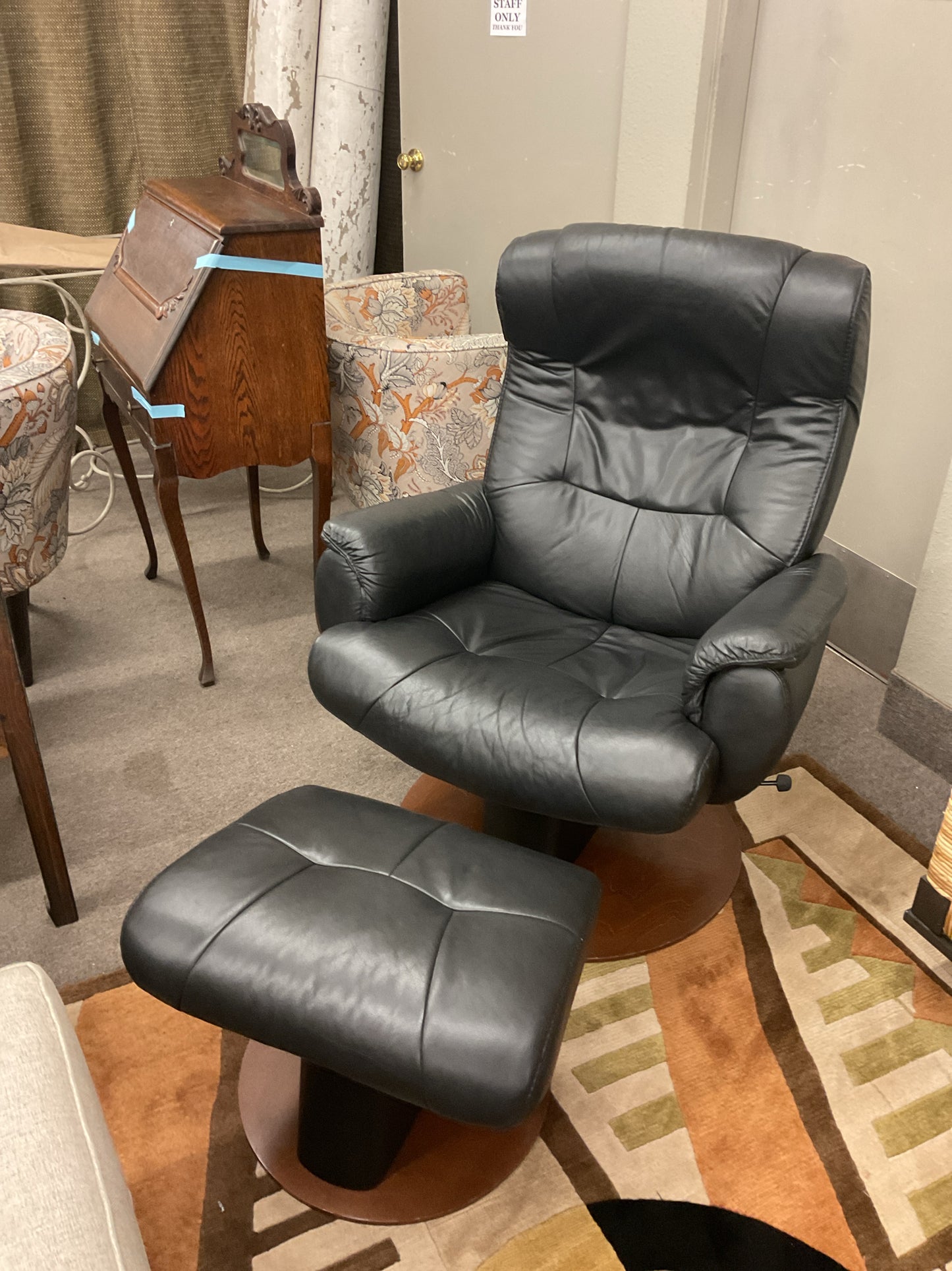 Black Leather Dutailier Gliding Chair & Ottoman