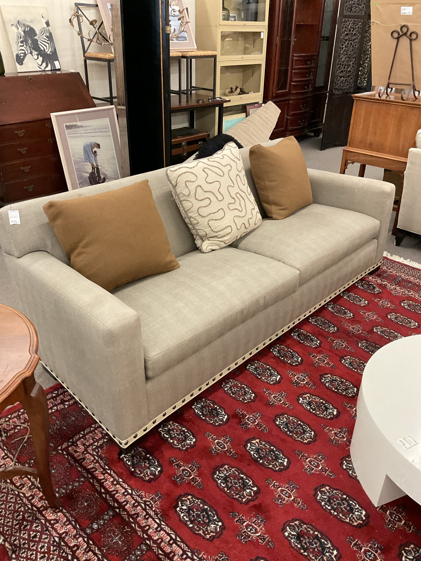 Grey Chevron Fabric Sofa w/Leather Trim and Nail Head Detail