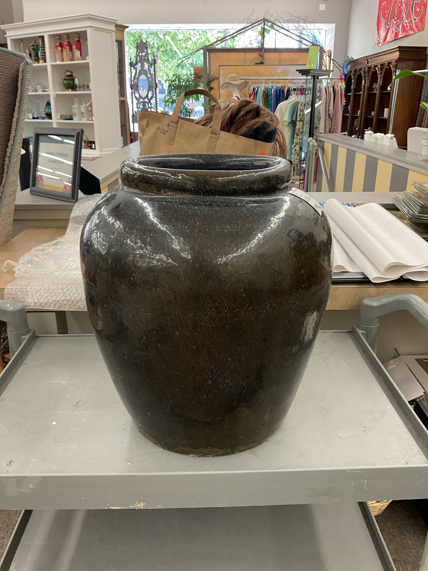 Dark Brown Ceramic Planter w/Blue Speckles