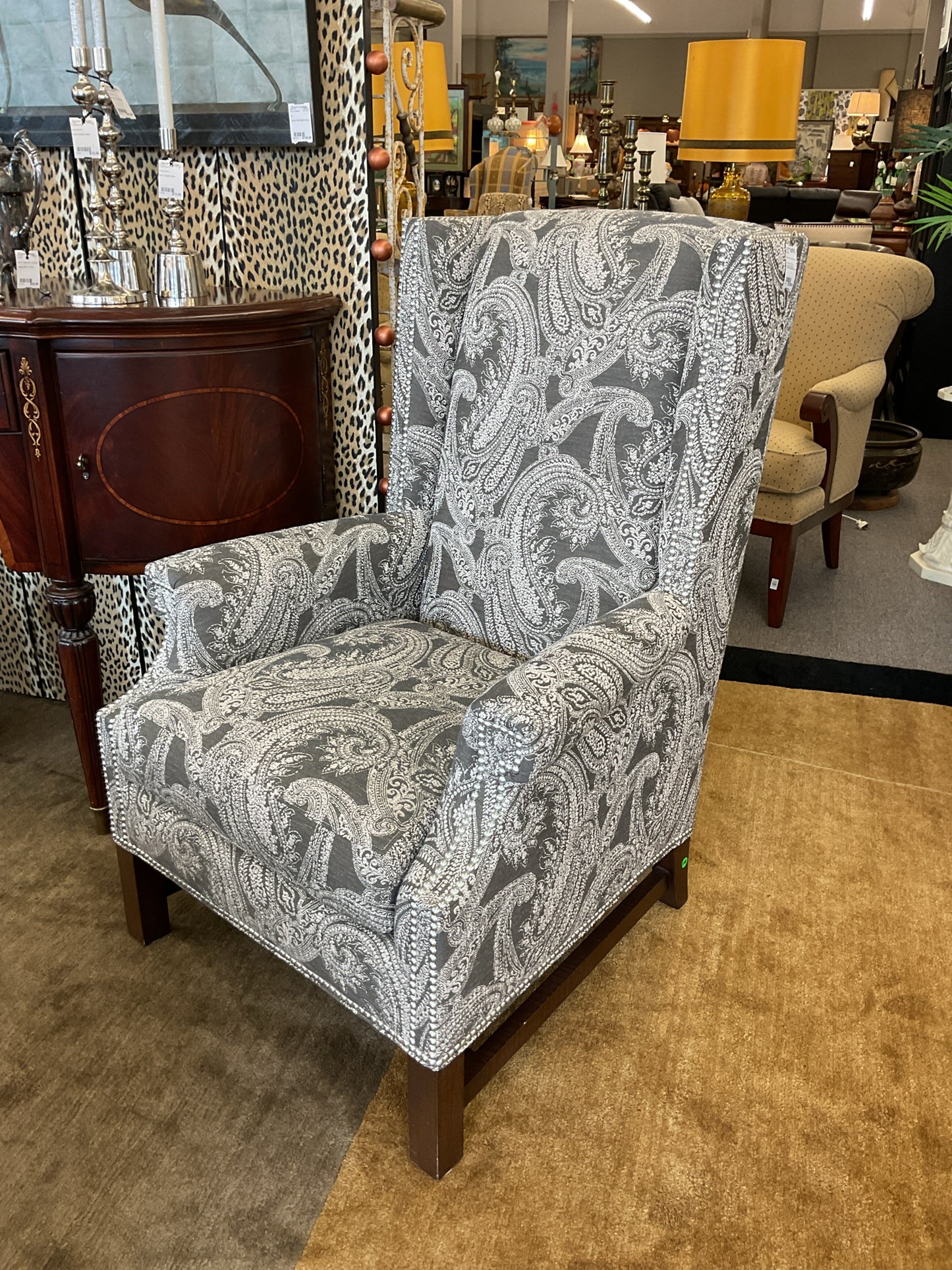 Michael Weiss Grey Upholstered Paisley Wingback Chair 31x30x44