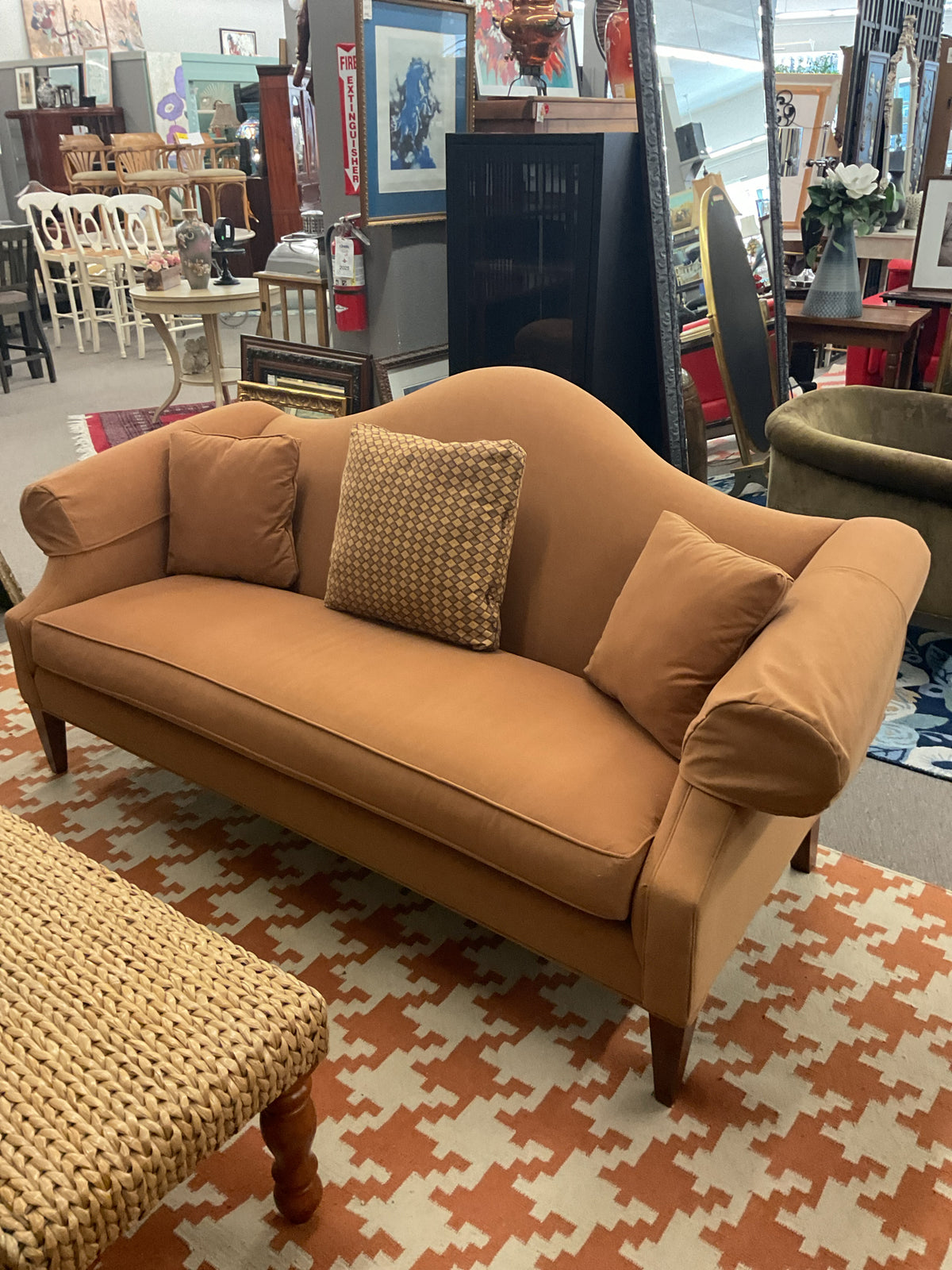 Ethan Allen Camel-Back Style Sofa Suede Caramel Color 77"L,36"D,29"H