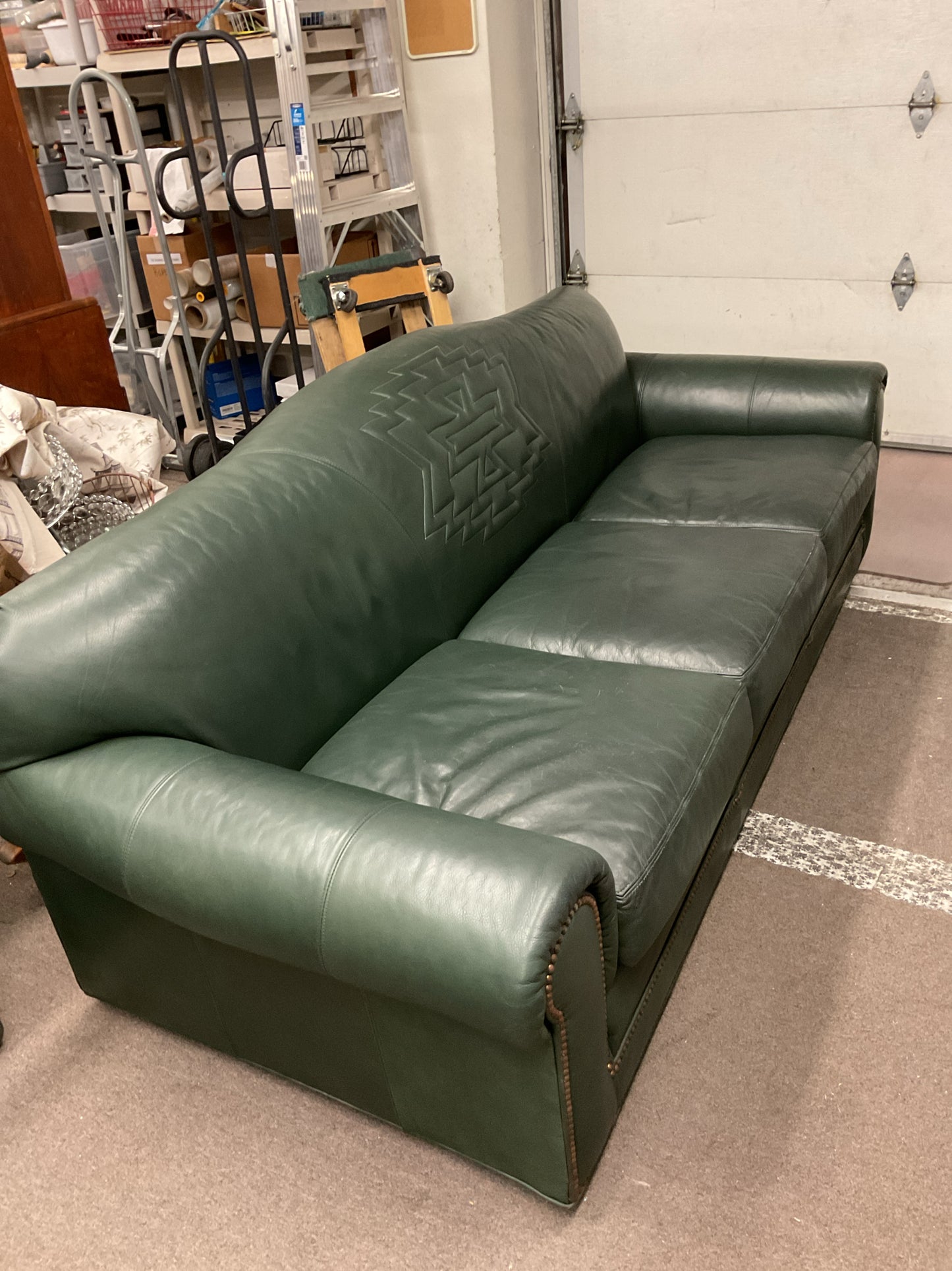 Hunter Green Leather Sofa w/Etched Back Design