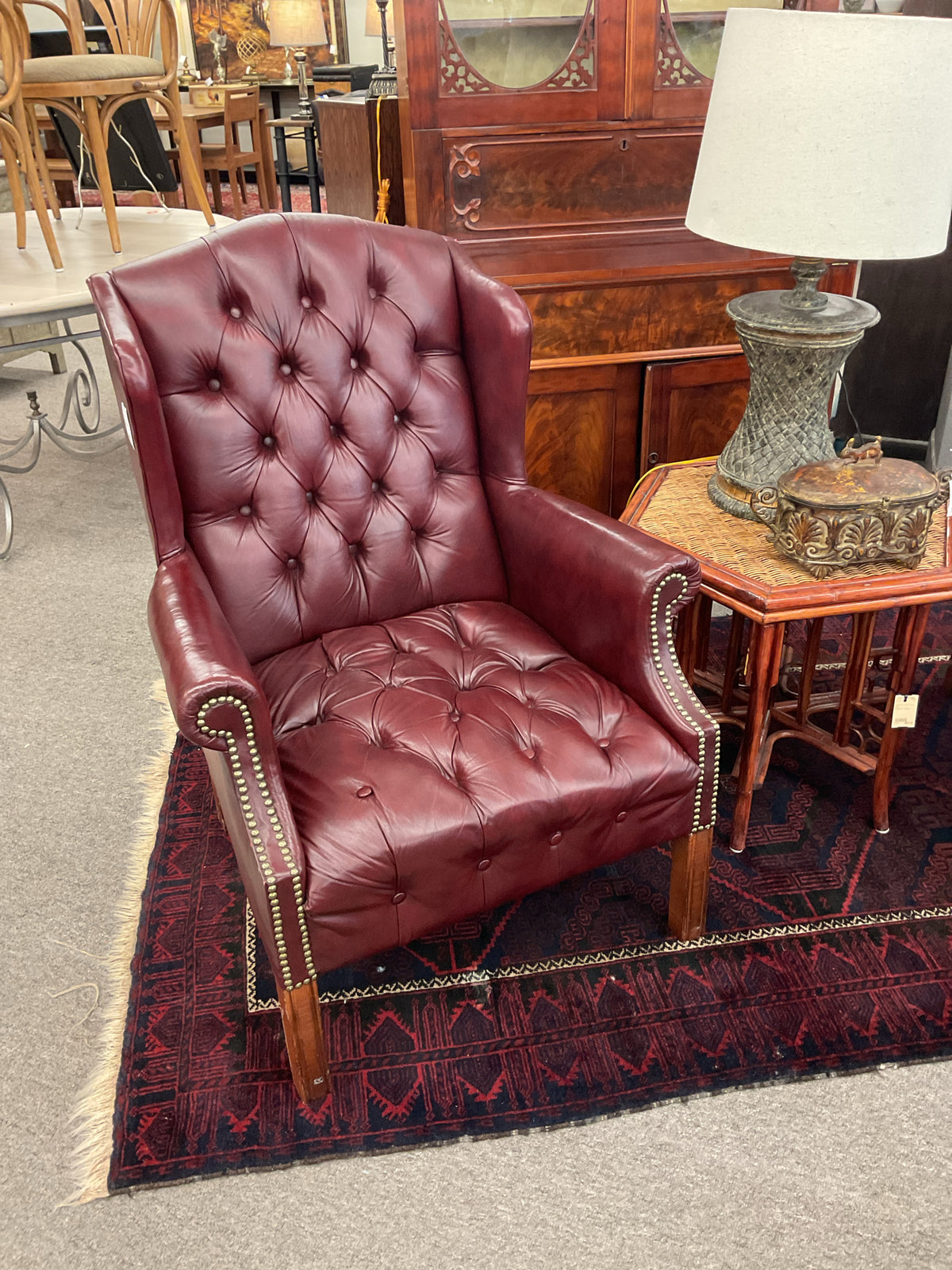 Wing Back Tufted Burgandy Leather Chair