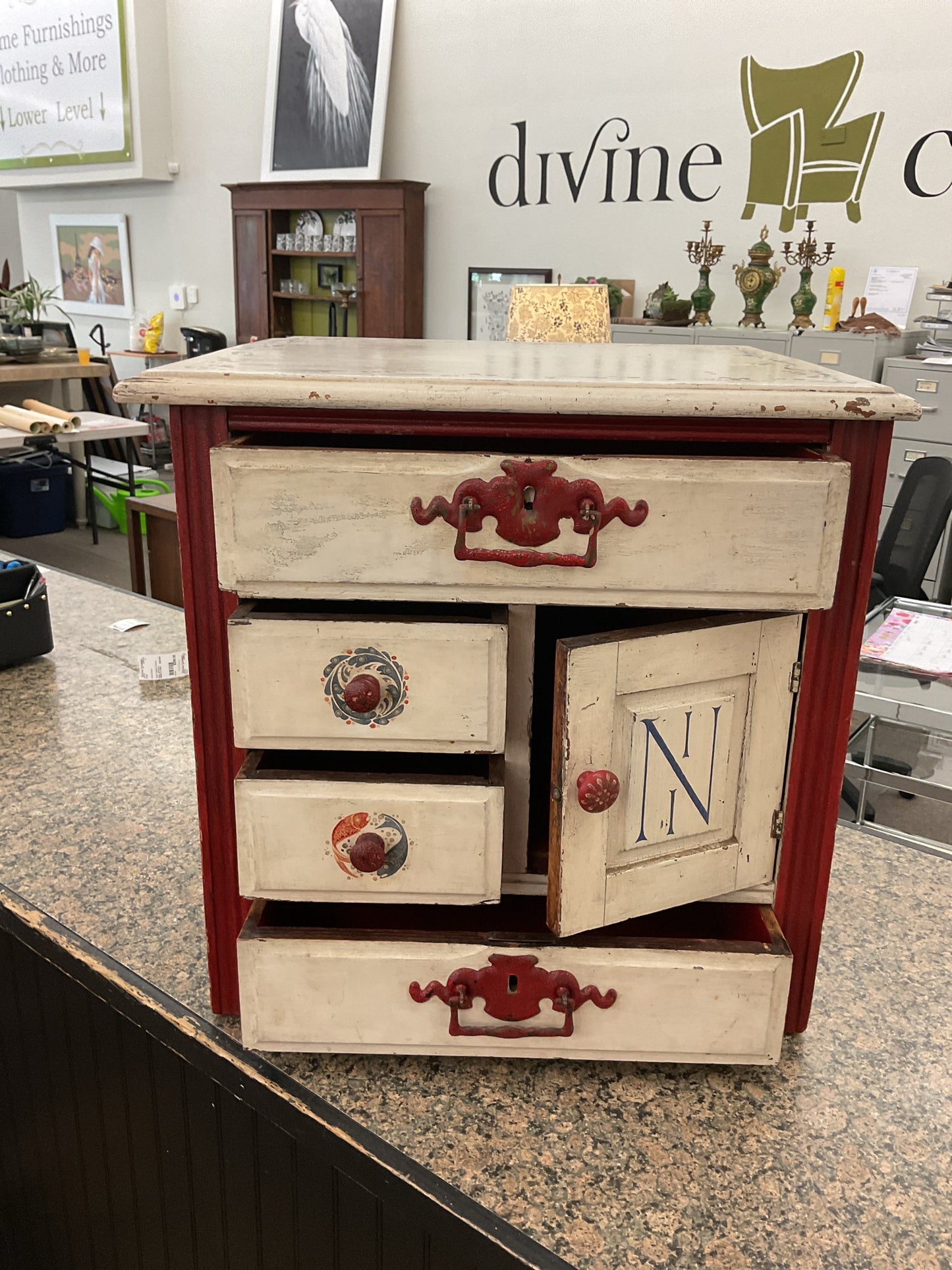 Vintage Hand-Painted Red/White Cabinet