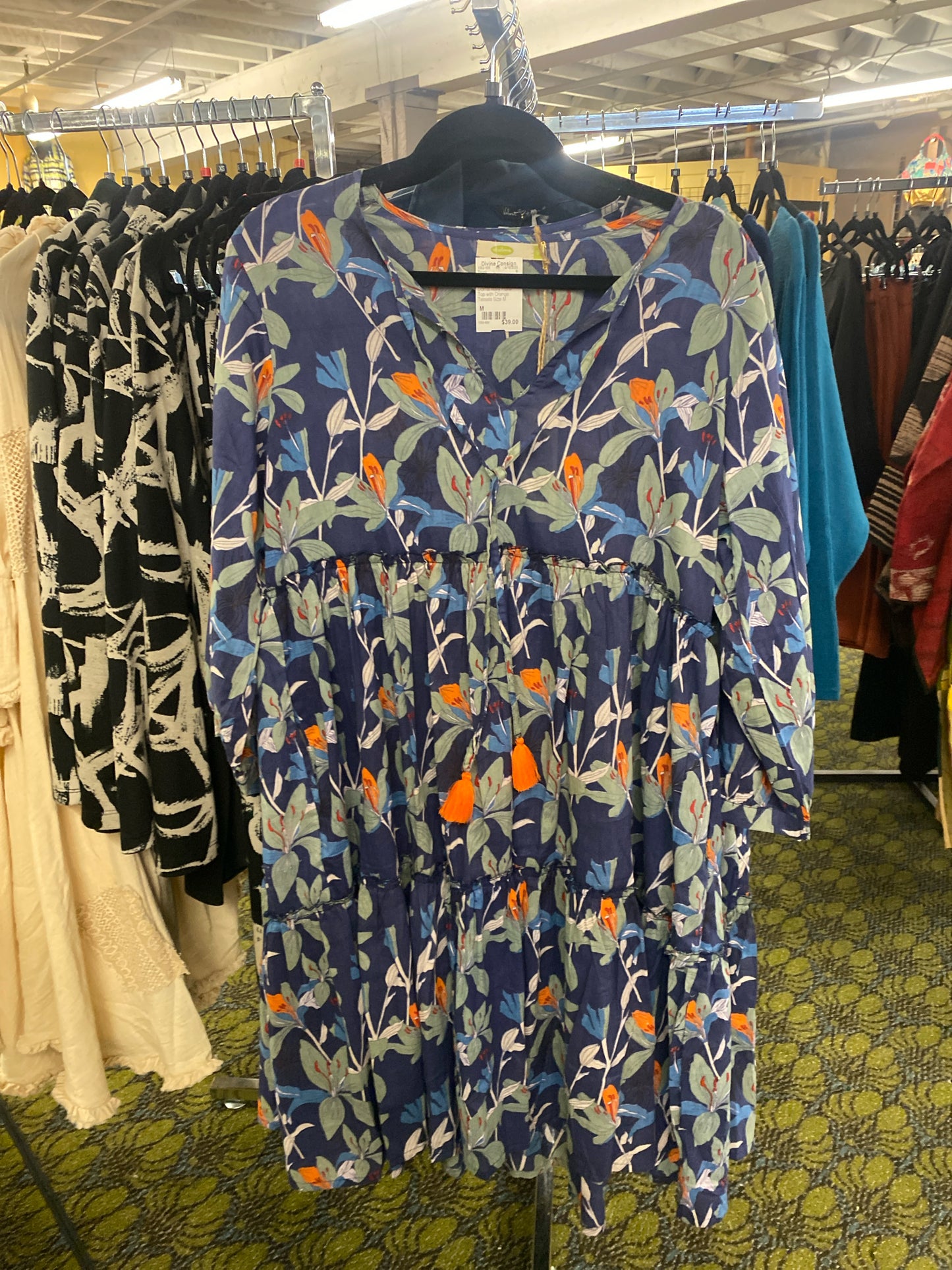 Dolma Navy Floral Top with Orange Tassels Size M