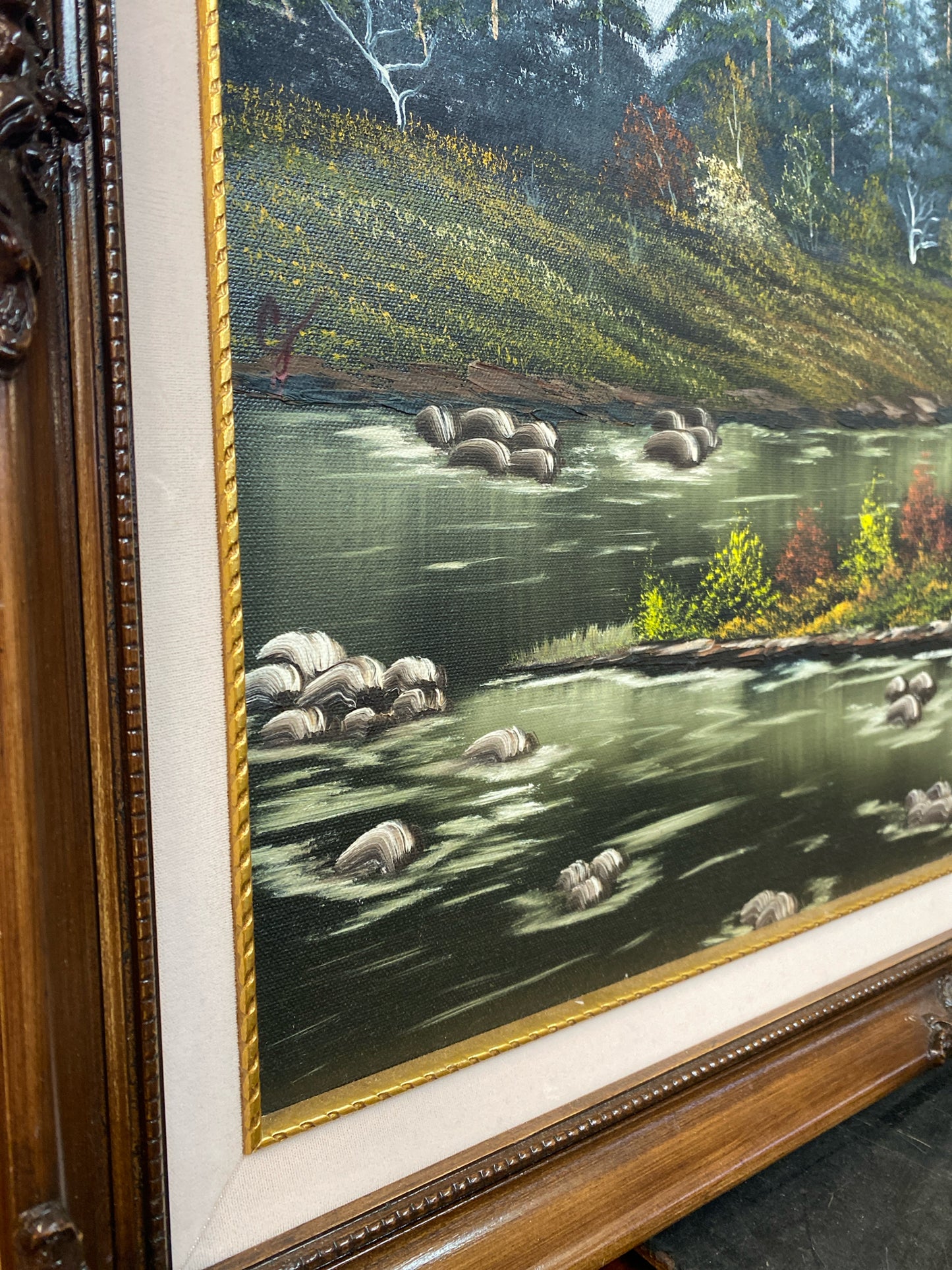 Evergreen Trees River Oil Painting by Cricket Gardner 23" x 29"