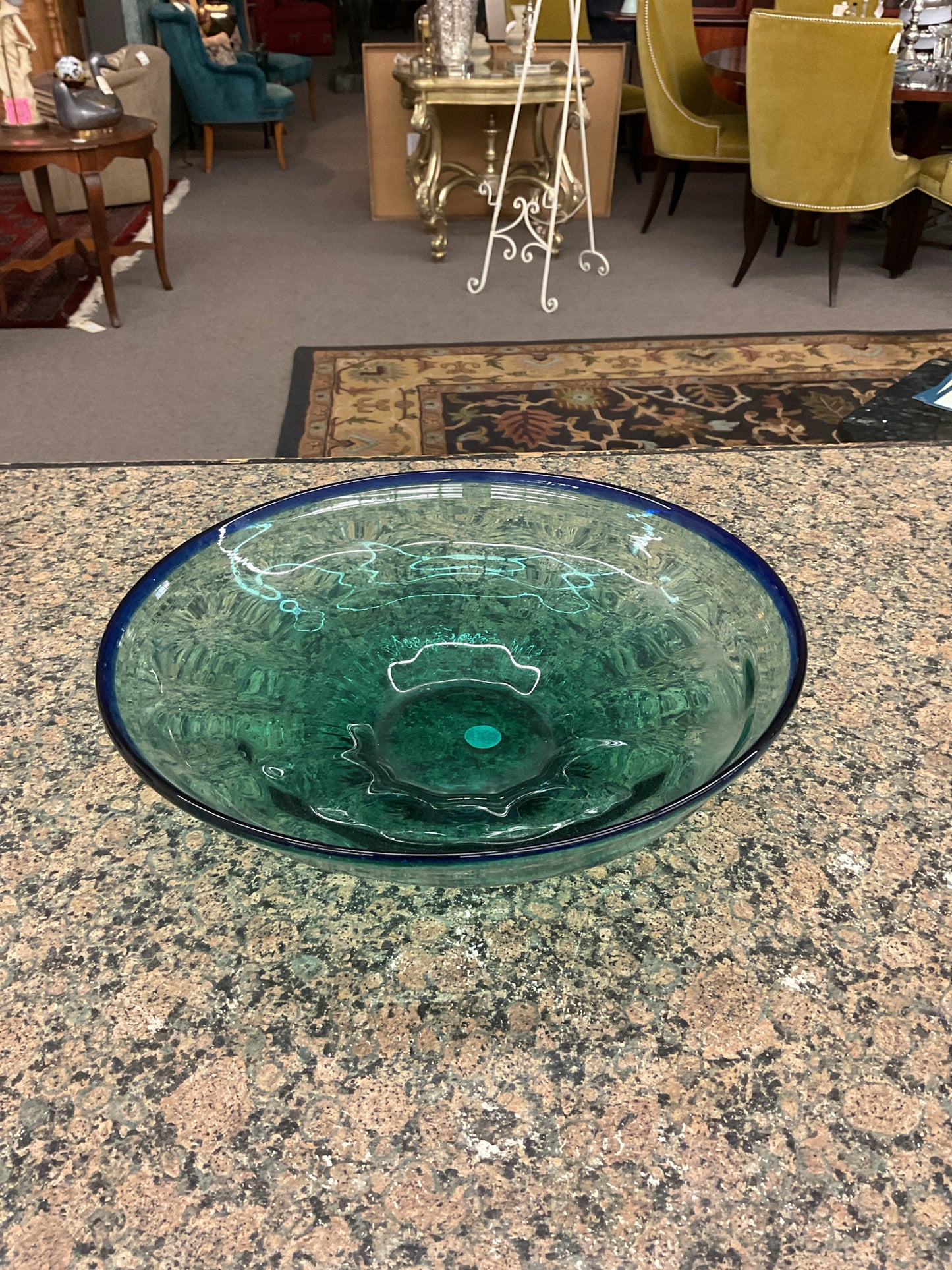 Hand-Blown Glass Serving Bowl Teal w/Blue Rim