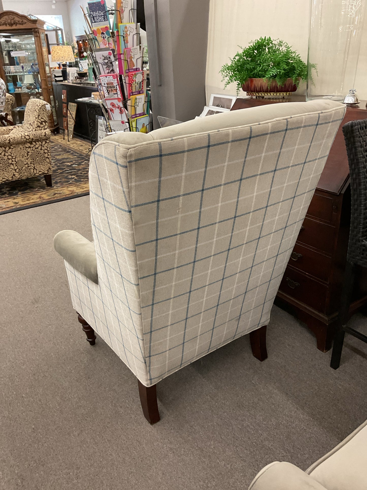 Two-tone Custom-made Wingback Chair Light Grey/Plaid Back