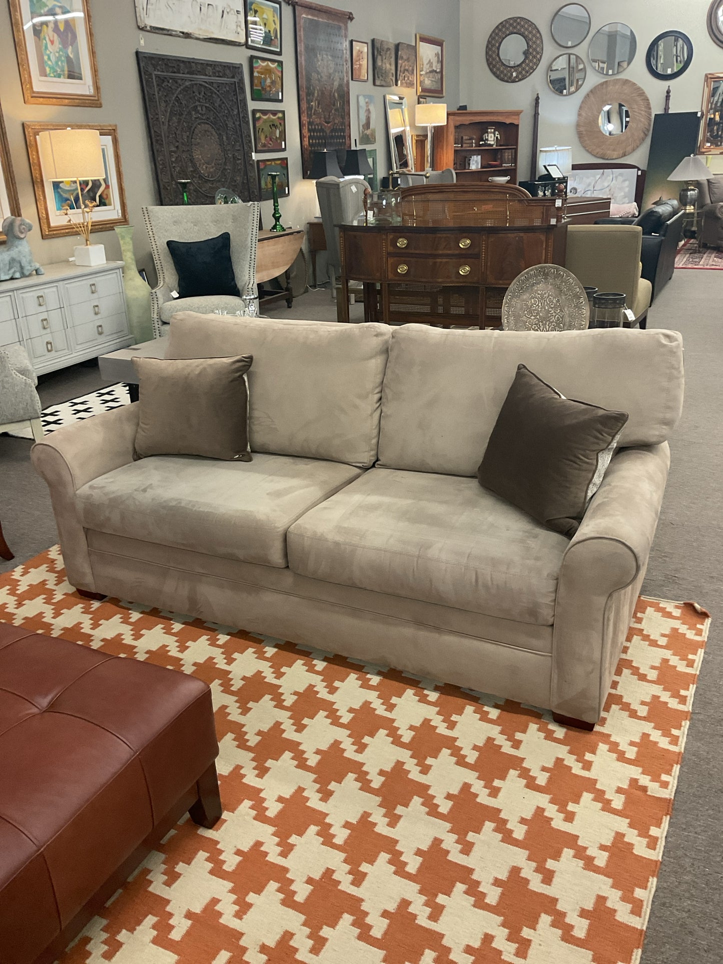 Taupe Suede Sofa by American Leather 73"L,37"D,33"H