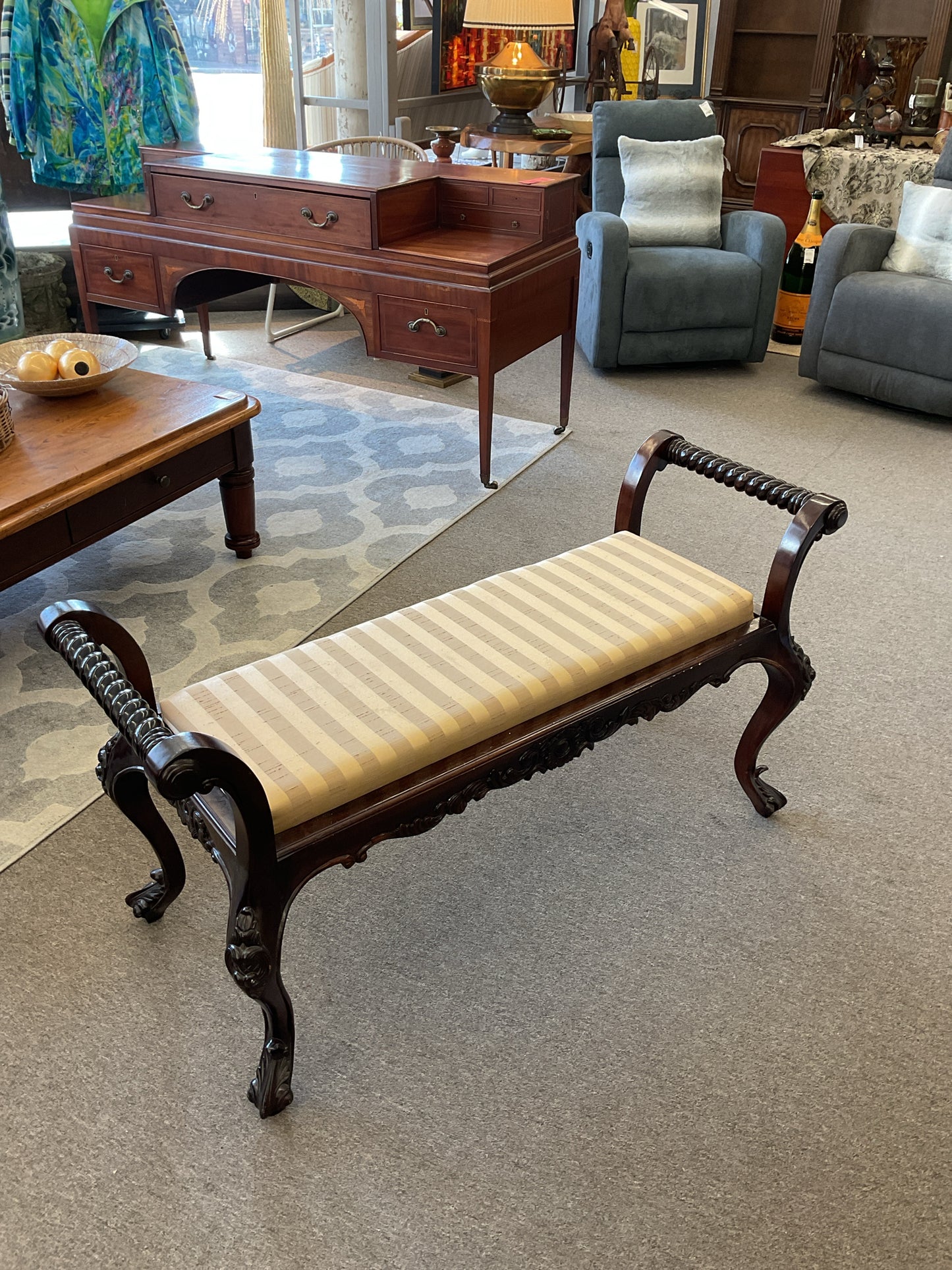 Chippendale Style Hand-Carved Mahogany Bench