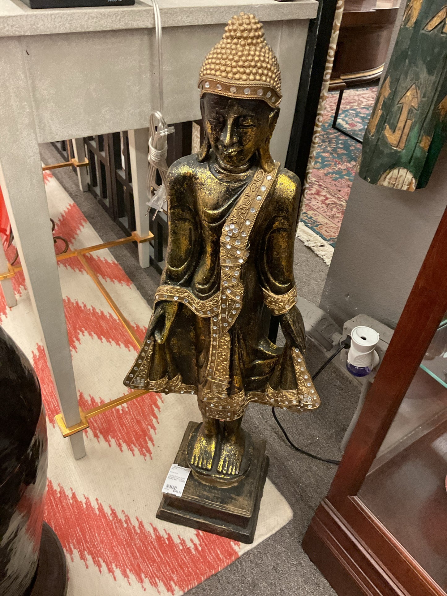 Standing Burmese Buddha on Pedestal Carved Wood w/Gilding 35"