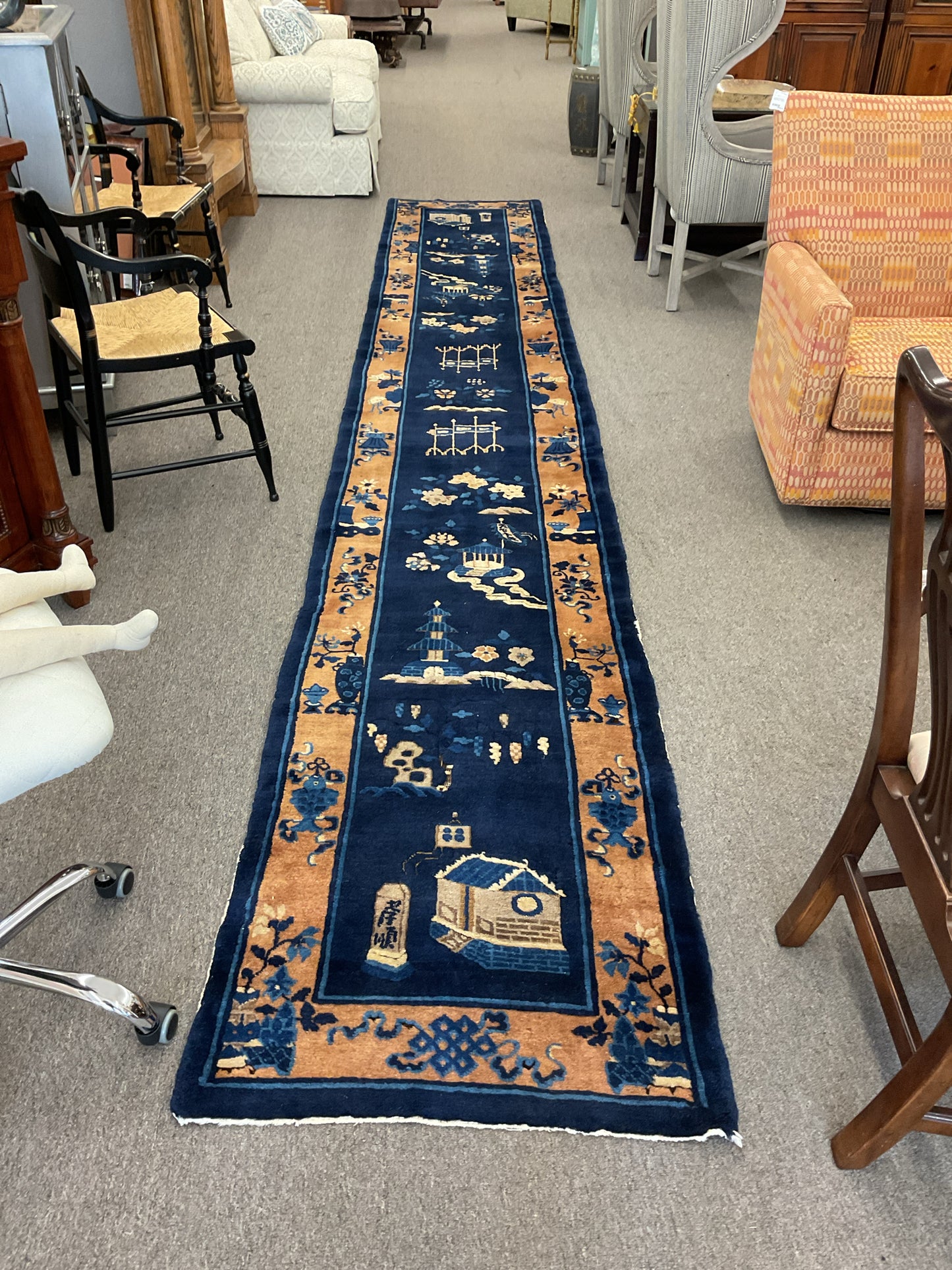Vintage Oriental Royal Blue & Gold Design Runner 197x31"