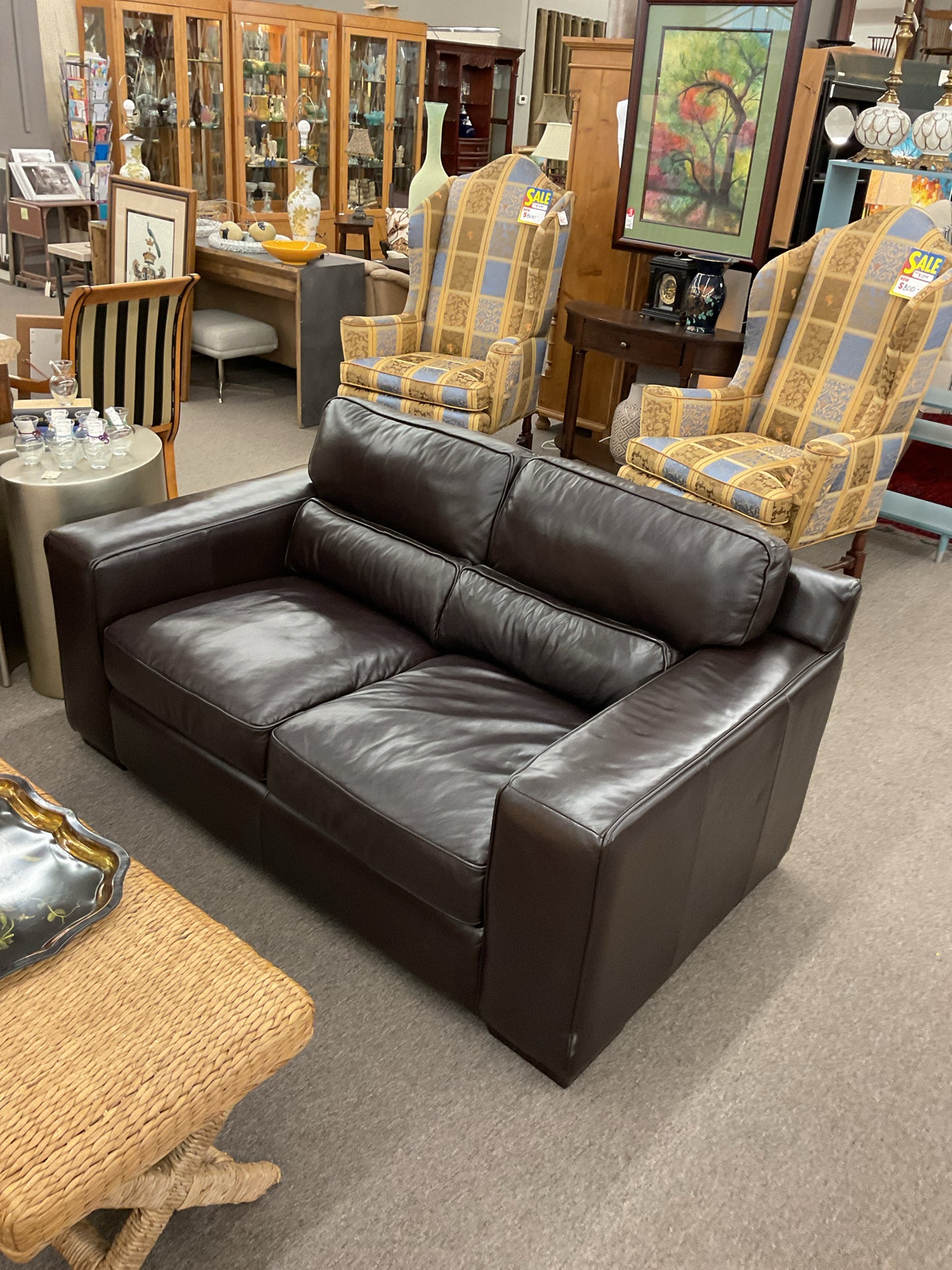 Leather Loveseat Brown Expresso w/Square Arm rest 67x39x36