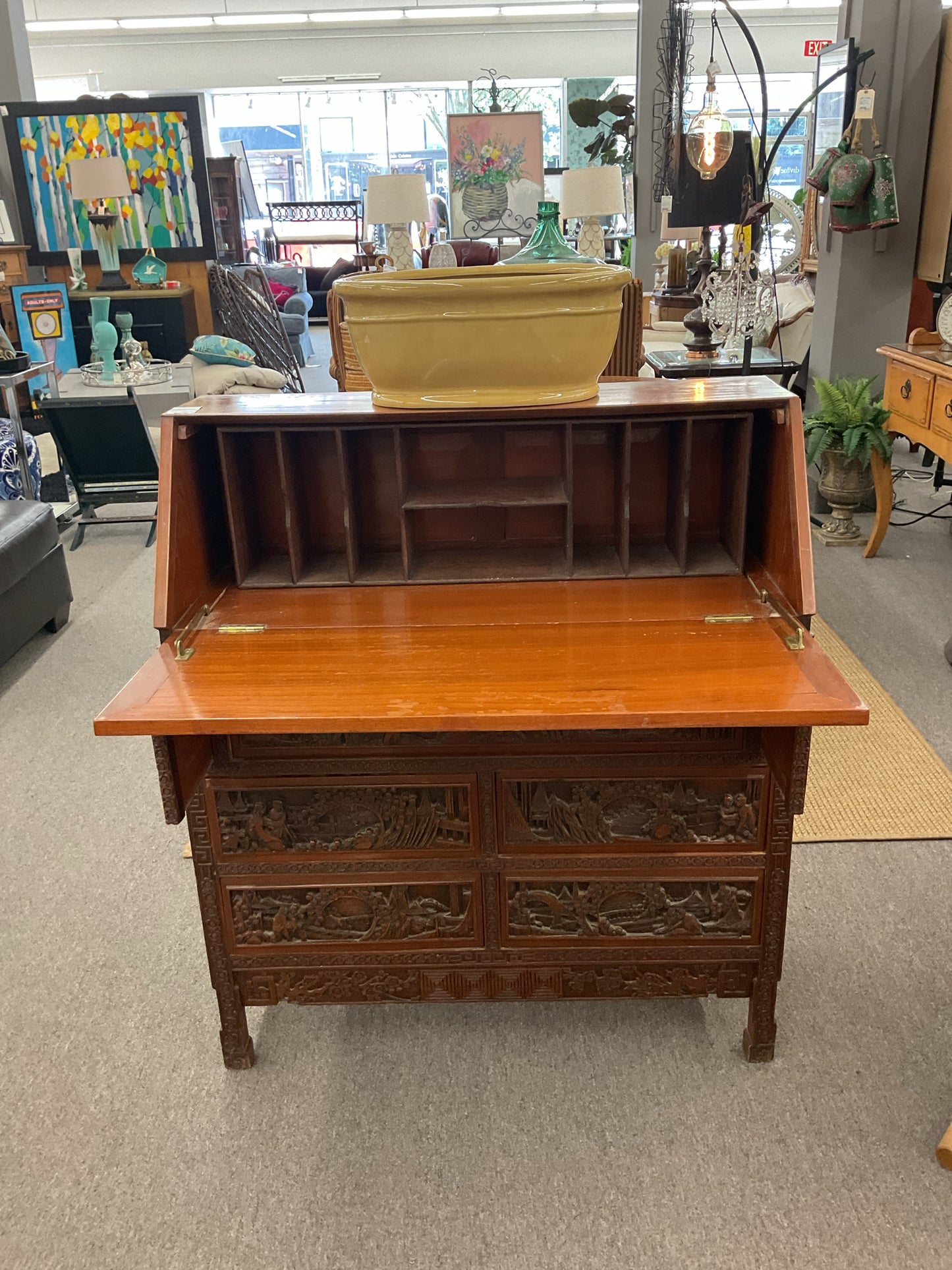 Asian Carved Rosewood Drop Leaf Secretary Desk