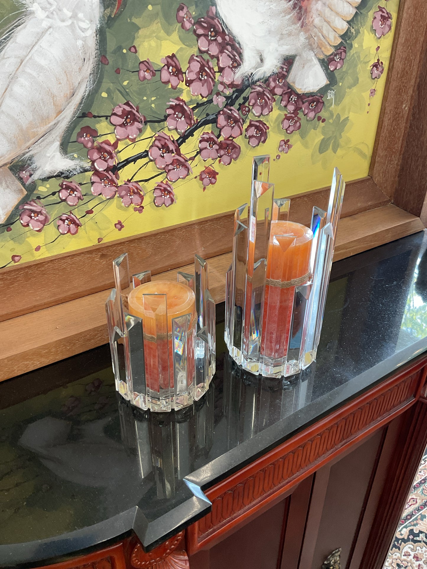 Crystal Prisms Candleholder w/New Orange Candle 9"