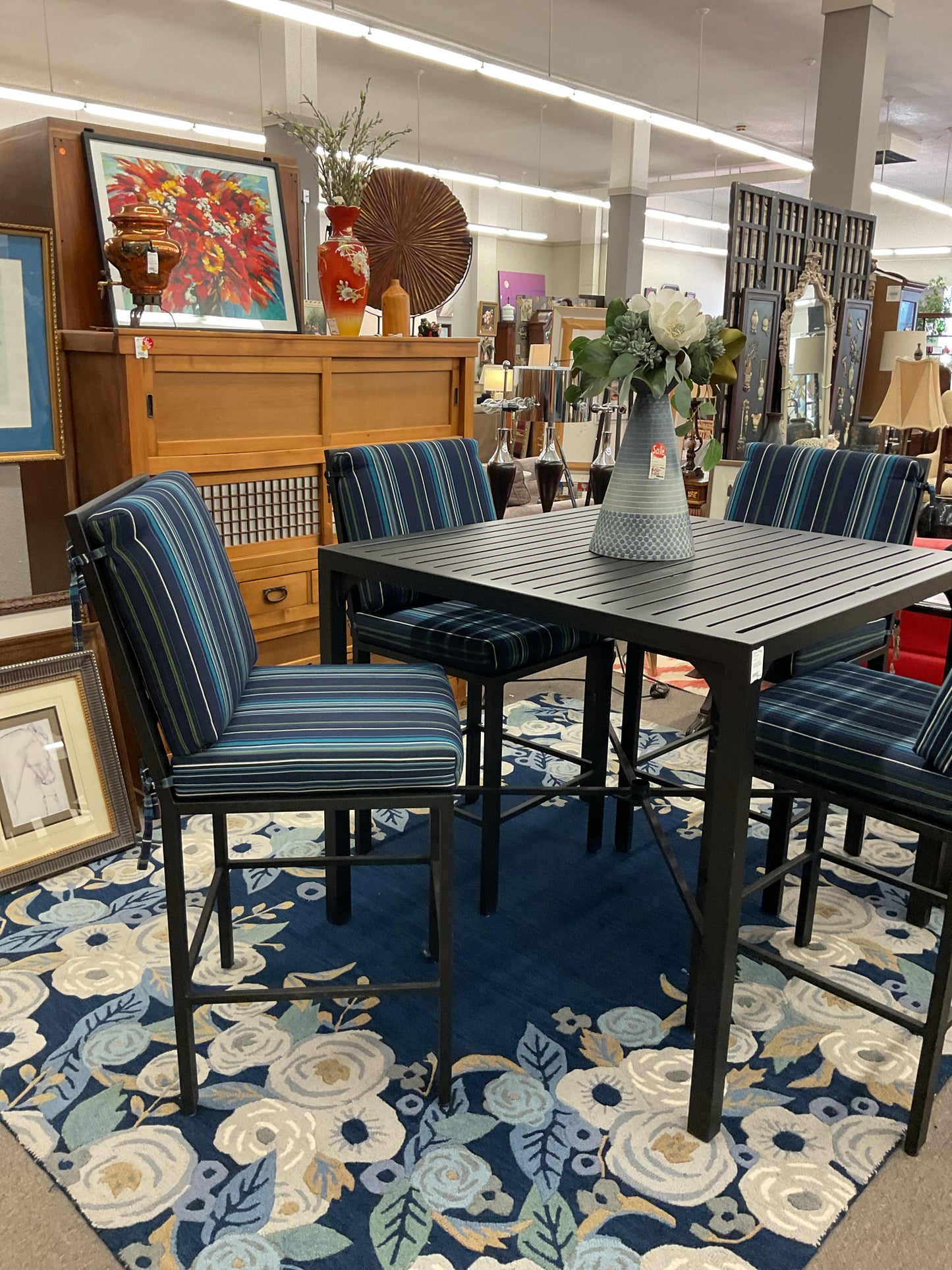 Black Aluminum Patio Set w/Sumbrella Cushions 4'x 4' 42" Table & 4 High Chairs
