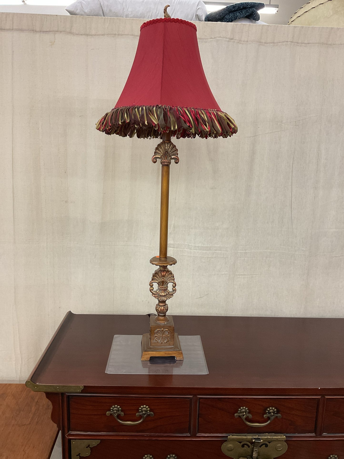 Buffet Lamp Gold with Burgundy Shade