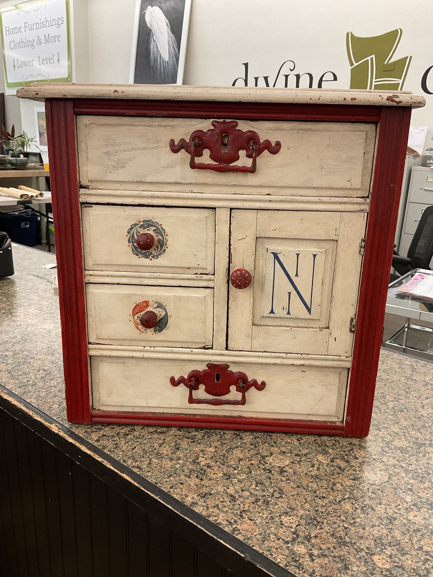 Vintage Hand-Painted Red/White Cabinet