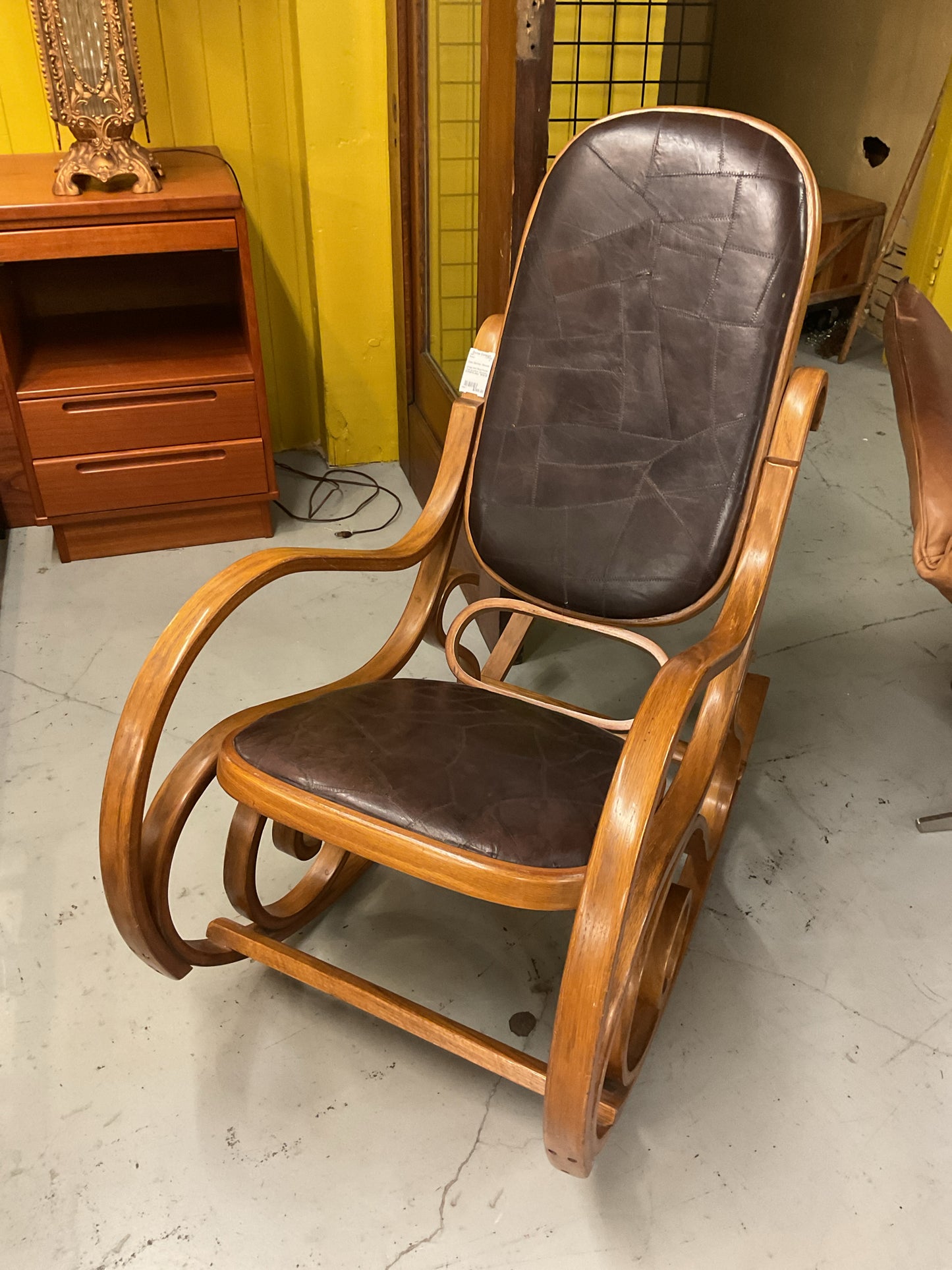 Vintage Bent-Wood Rocker Chair w/Leather Upholstery Thonet Style