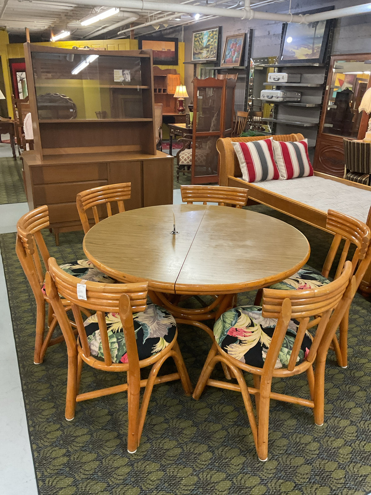 Mid Century Bamboo Dining Set Table & 6 Chairs 47"Across w/1 24" Leaf