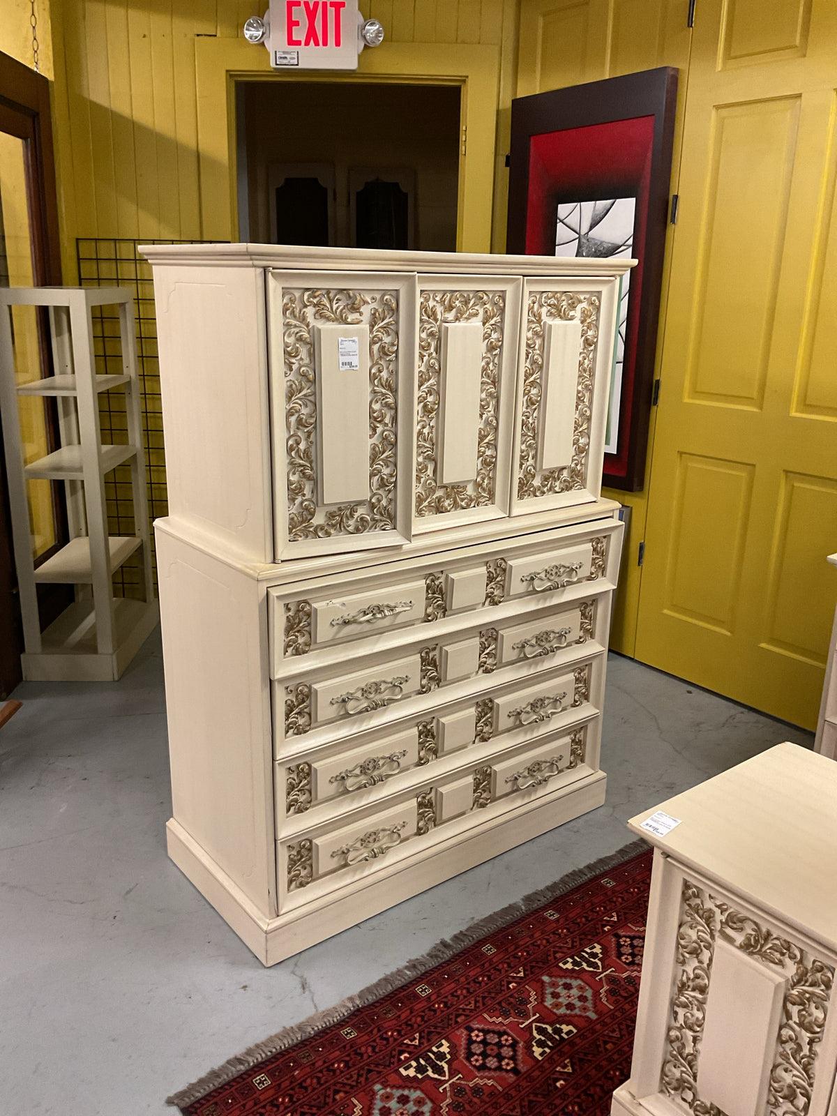 Mid Century White & Gold Highboy Dresser