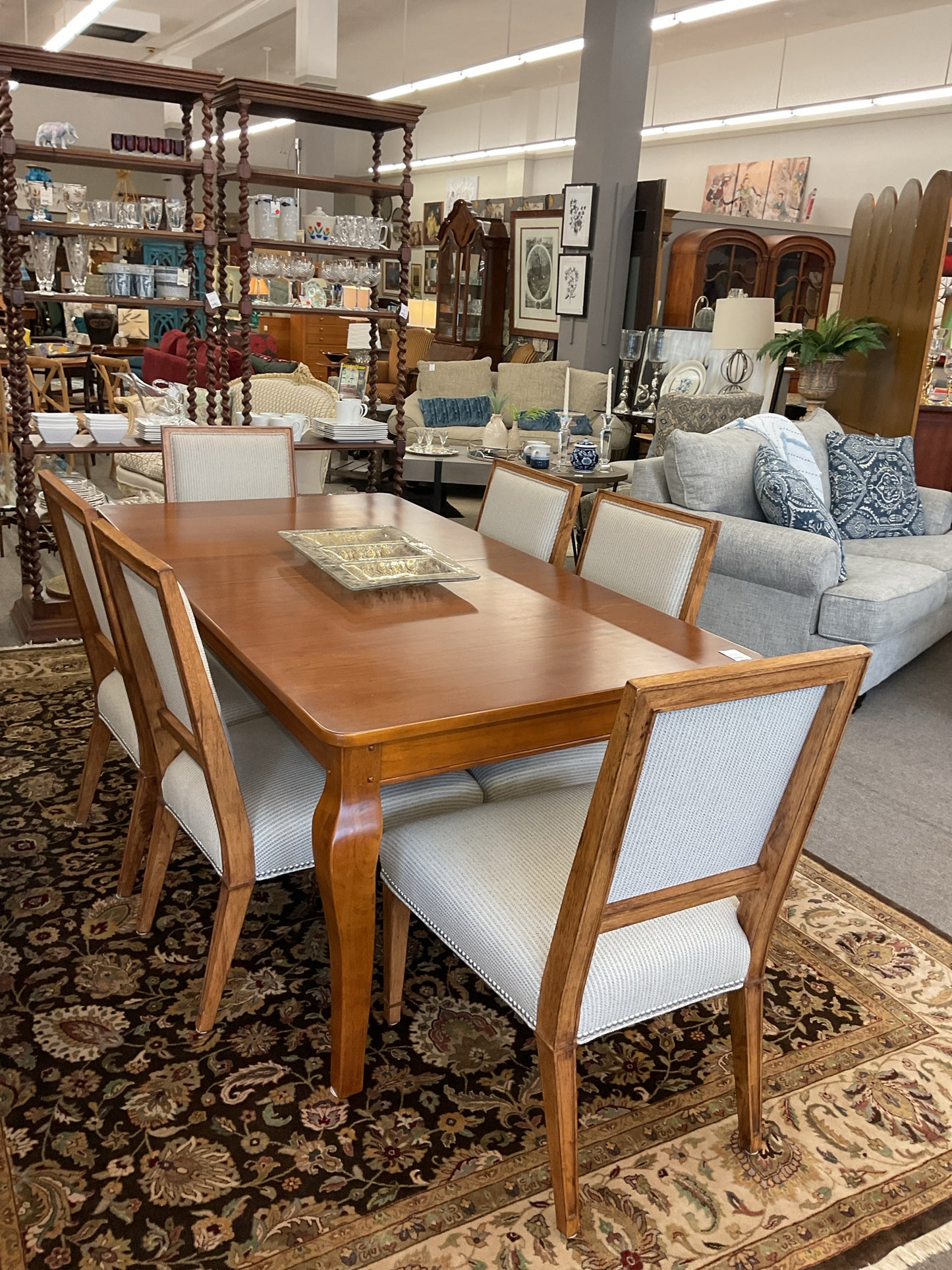 Dining Table & Oatmeal 6-Upholstered Chairs 72x38x30" 16" Extra Leaf