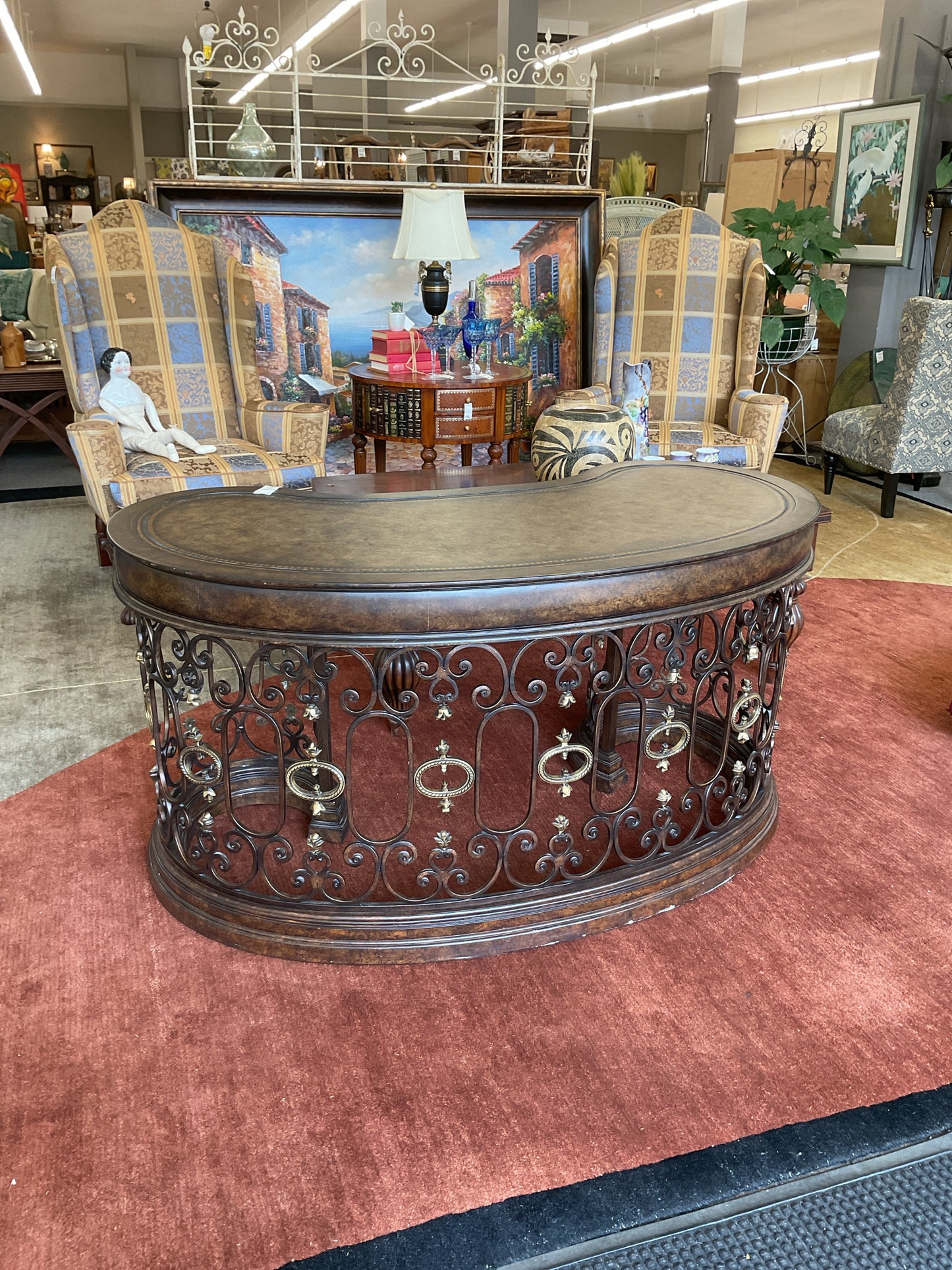 Kidney-Shaped Desk w/Wrought Iron Base
