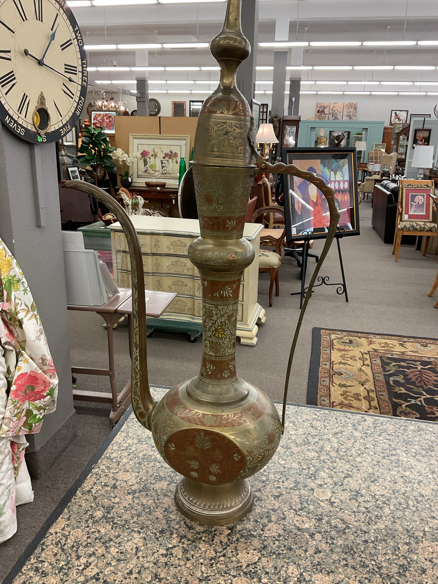 Vintage Etched Brass Oil Vessel w/Hinged Lid 30" High