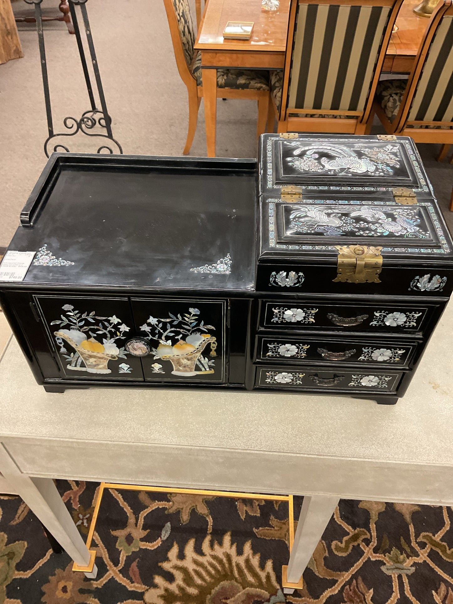 Black Laquered Oriental Jewelry Box w/Mirror & Mother of Pearl Design
