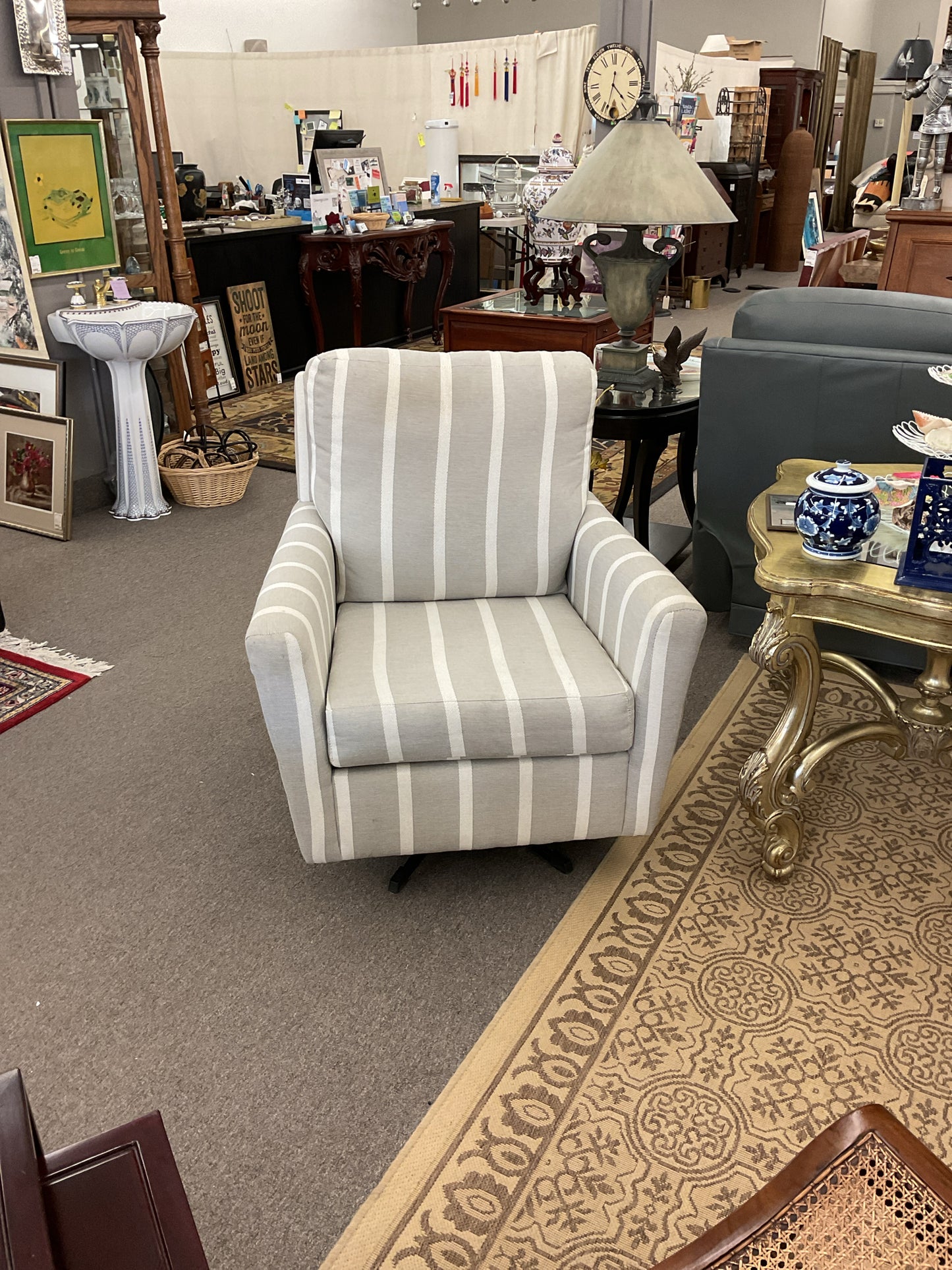 Swivel Arm Chair Light Gray w/White Stripes