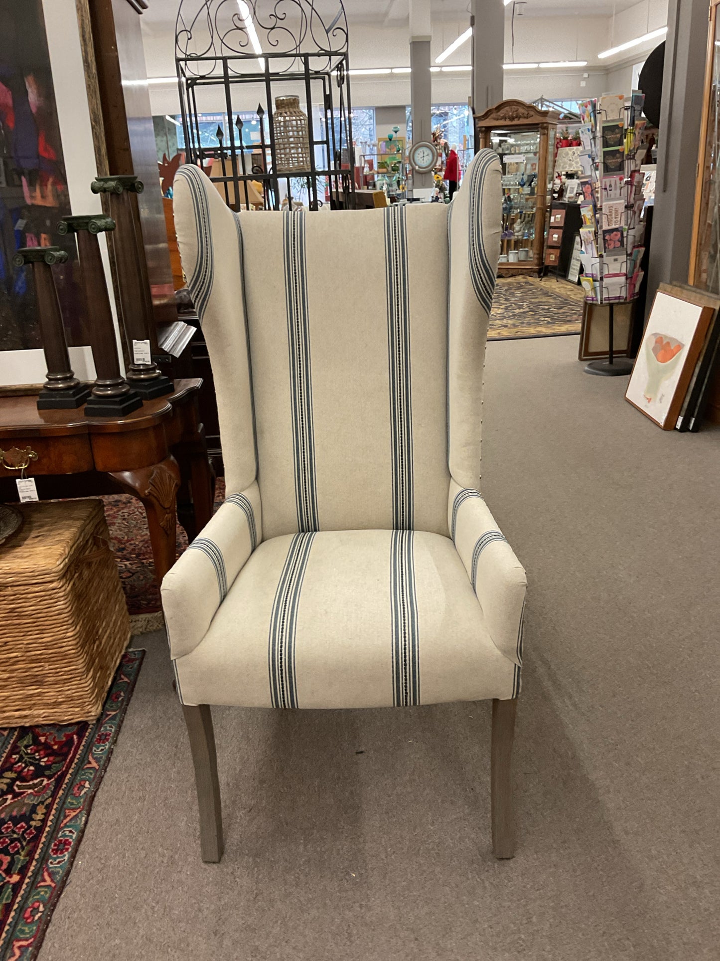 Gray Stripped Wingback Chair