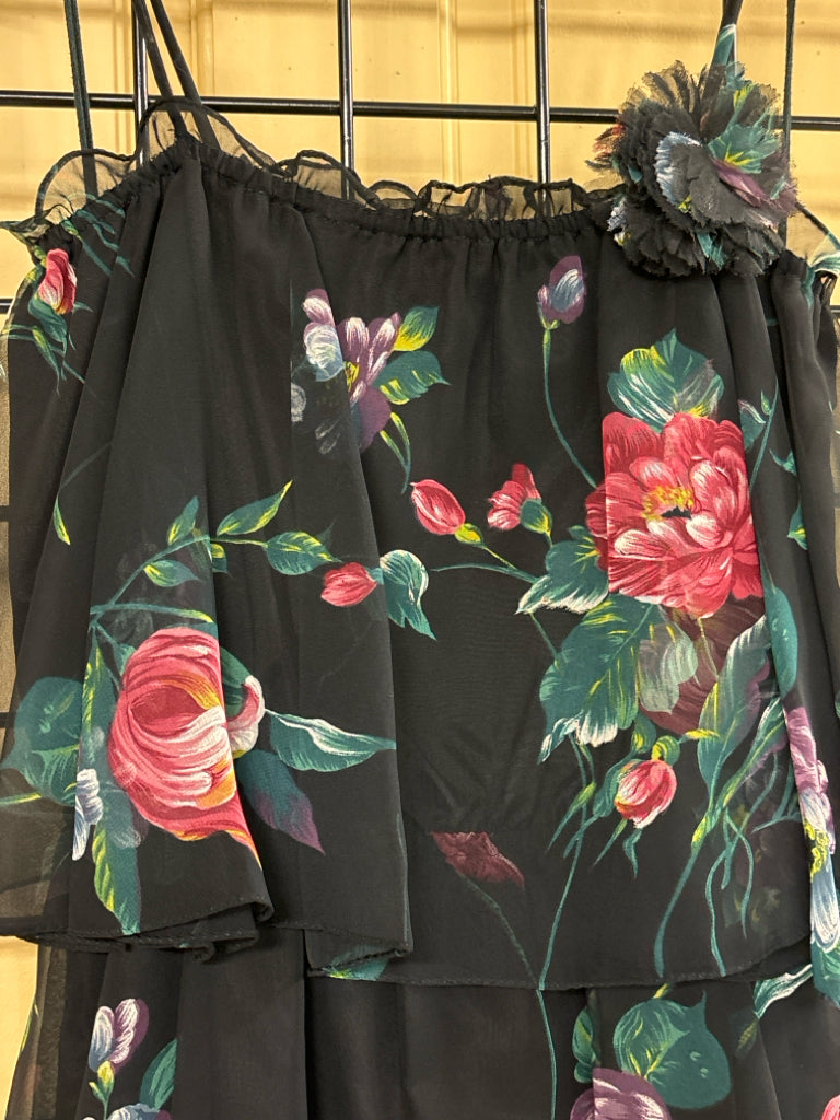 I. Magnin 2-Piece Black Chiffon Floral Dress Set Size S