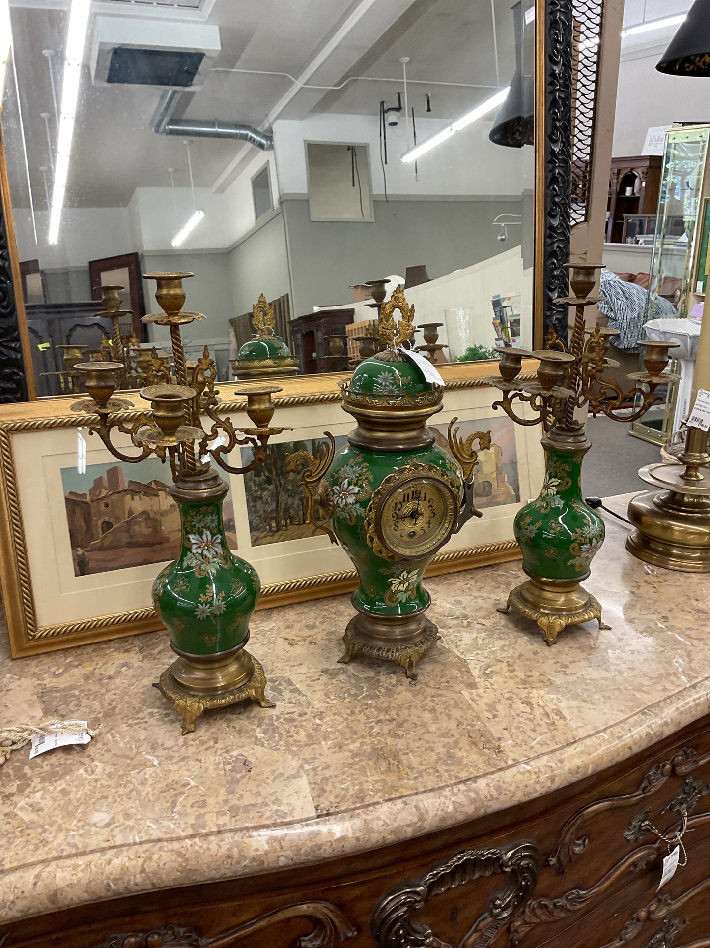 Non-working French Antique Faience Porcelain Green Art Nouveau Clock & Candlehol