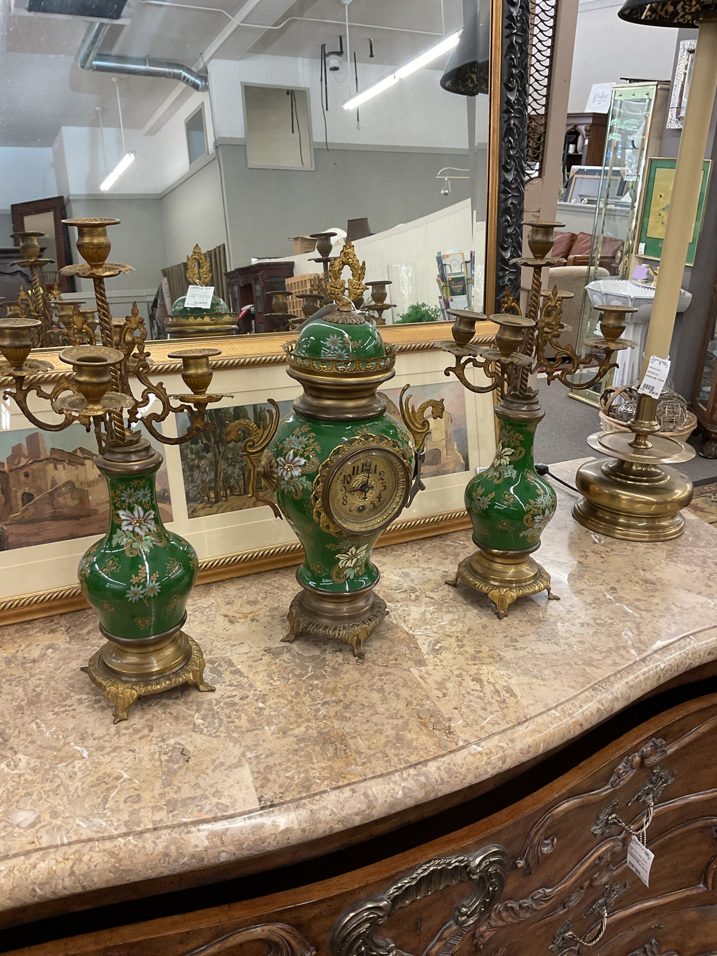 Non-working French Antique Faience Porcelain Green Art Nouveau Clock & Candlehol