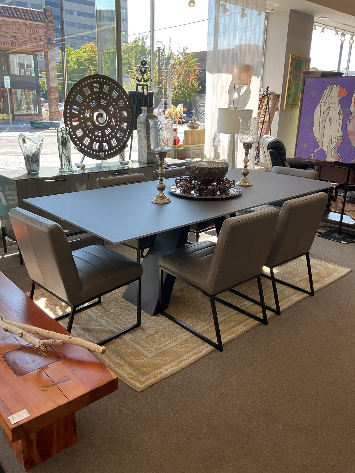 Ultra Modern Dining Set Metal Base/Glass top Table, 6 Grey Leather Chairs