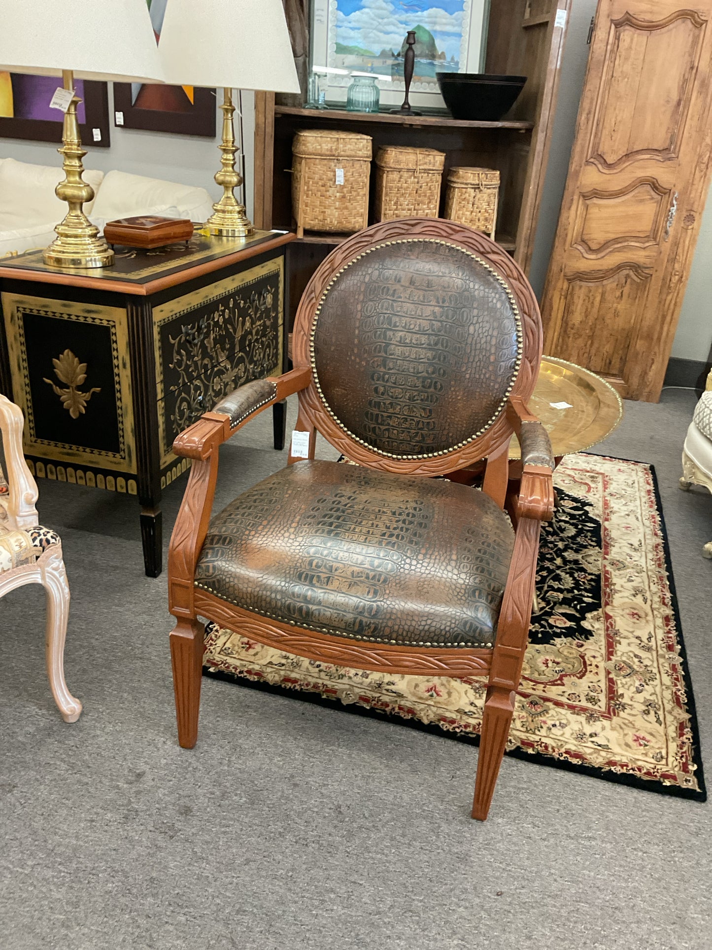 Brown Leather & Wood Side Chair Oval Back