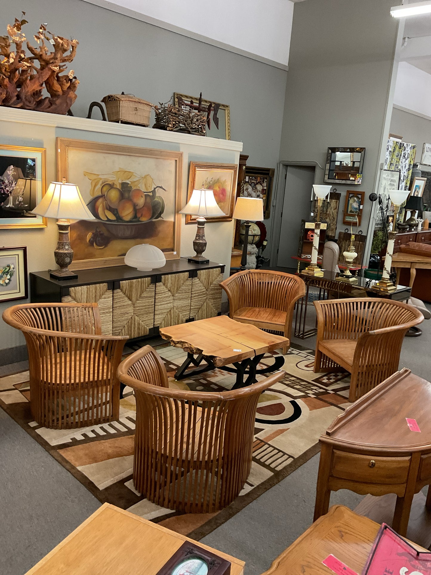 Vintage Curved Slat Teak Wood Lounge Chair Set (4)