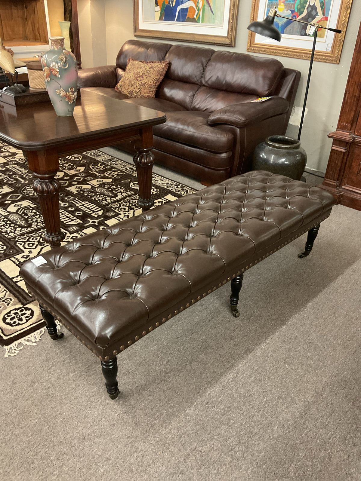 Tufted Espresso Leather Bedroom Bench w/Casters 63x22" 17"H