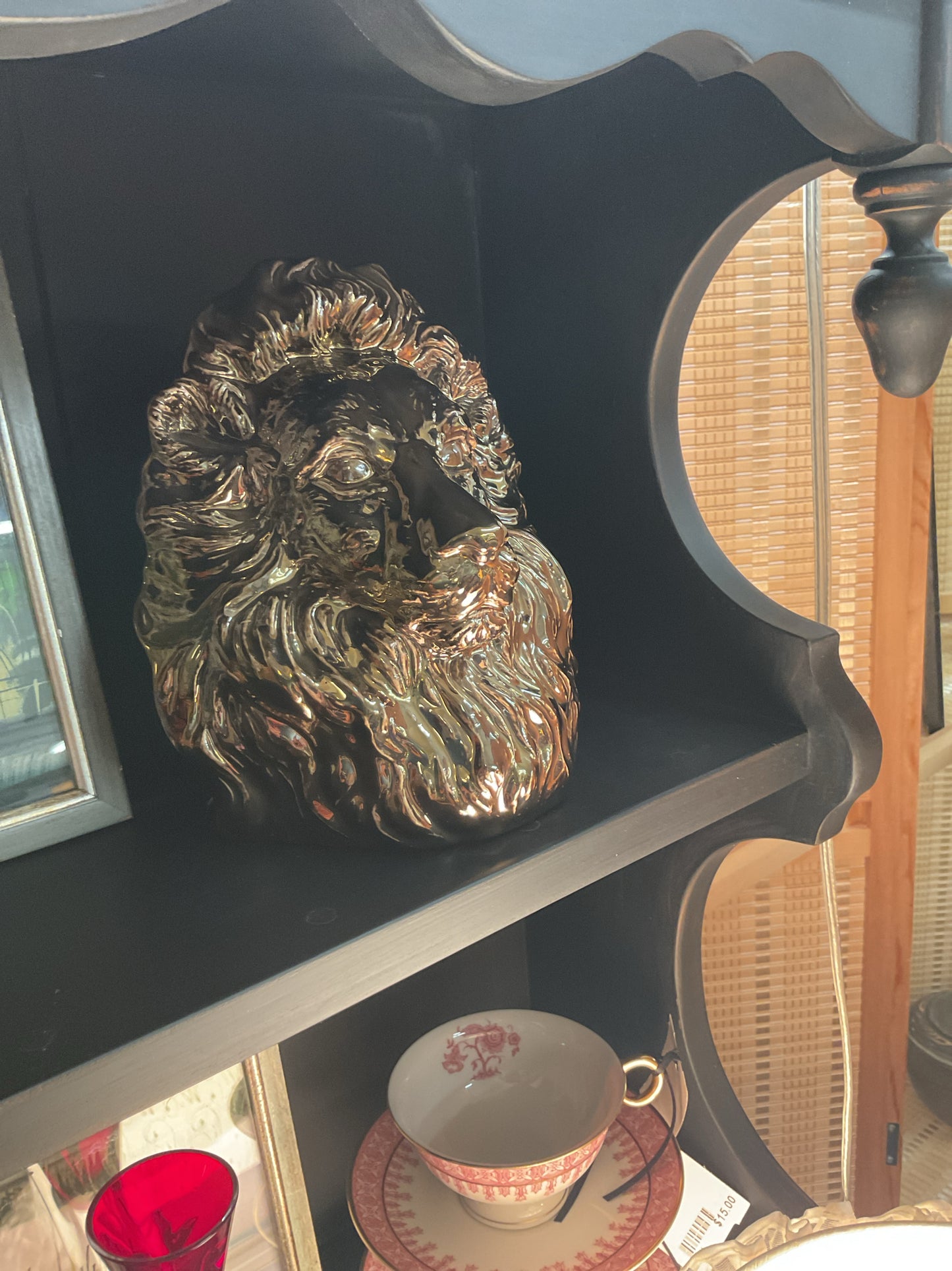 Figural Lion's Head Metallic Bronze Ceramic