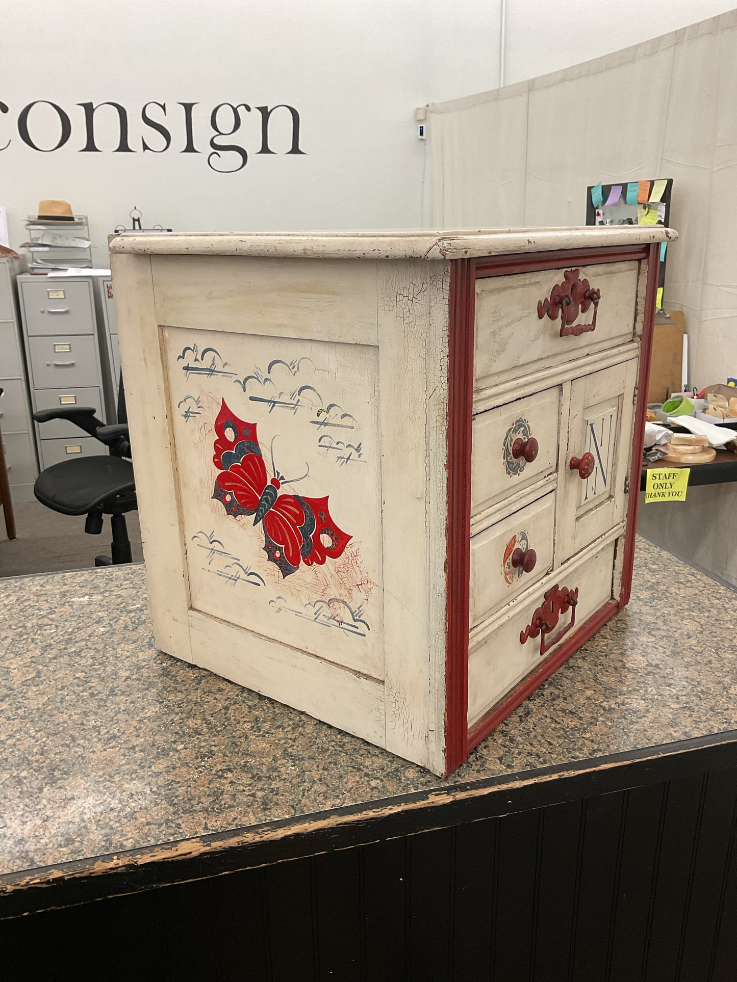 Vintage Hand-Painted Red/White Cabinet