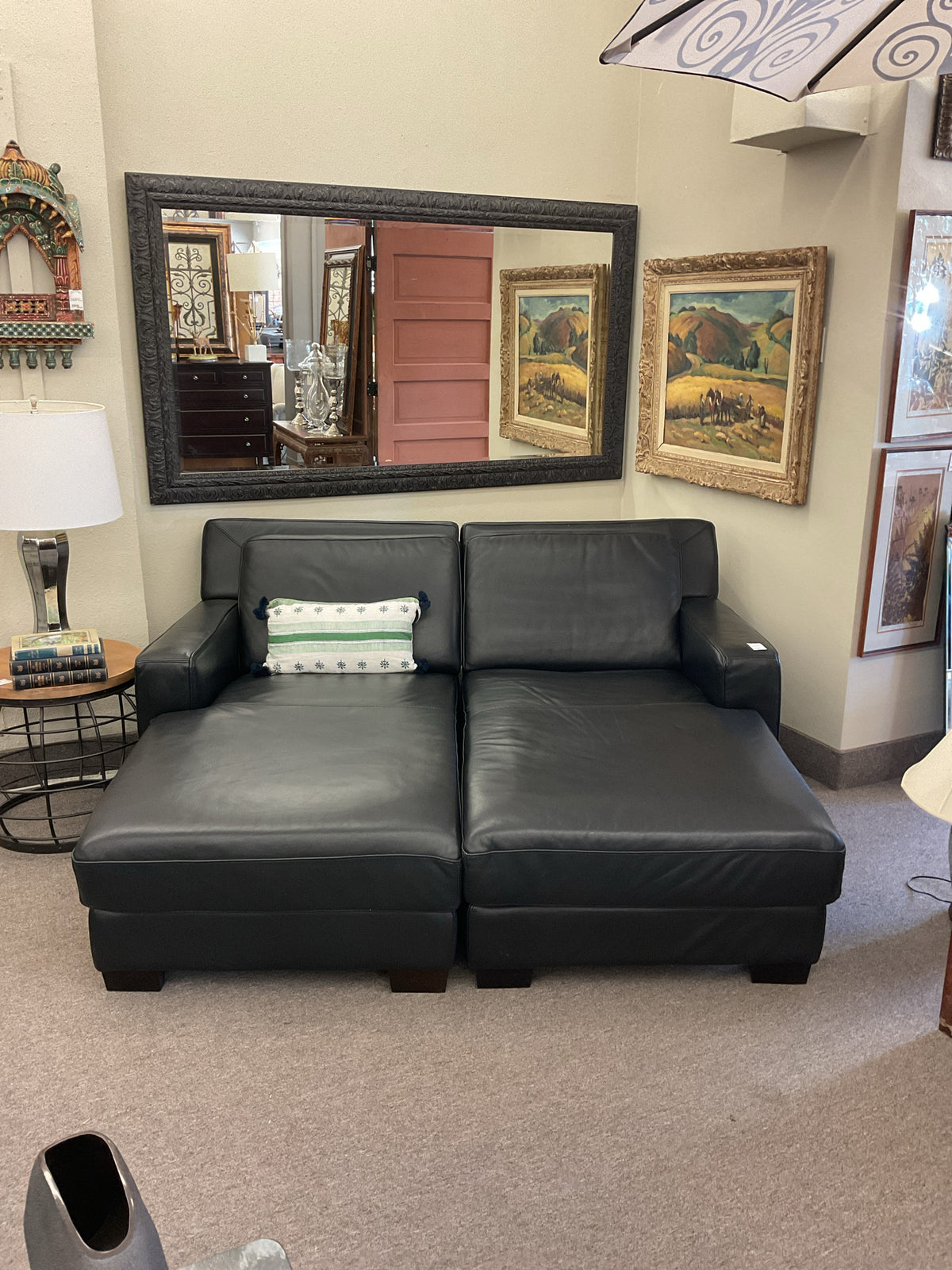 Italian Black Leather Lounging 2-Piece Sofa 74"L,69"W,34"H