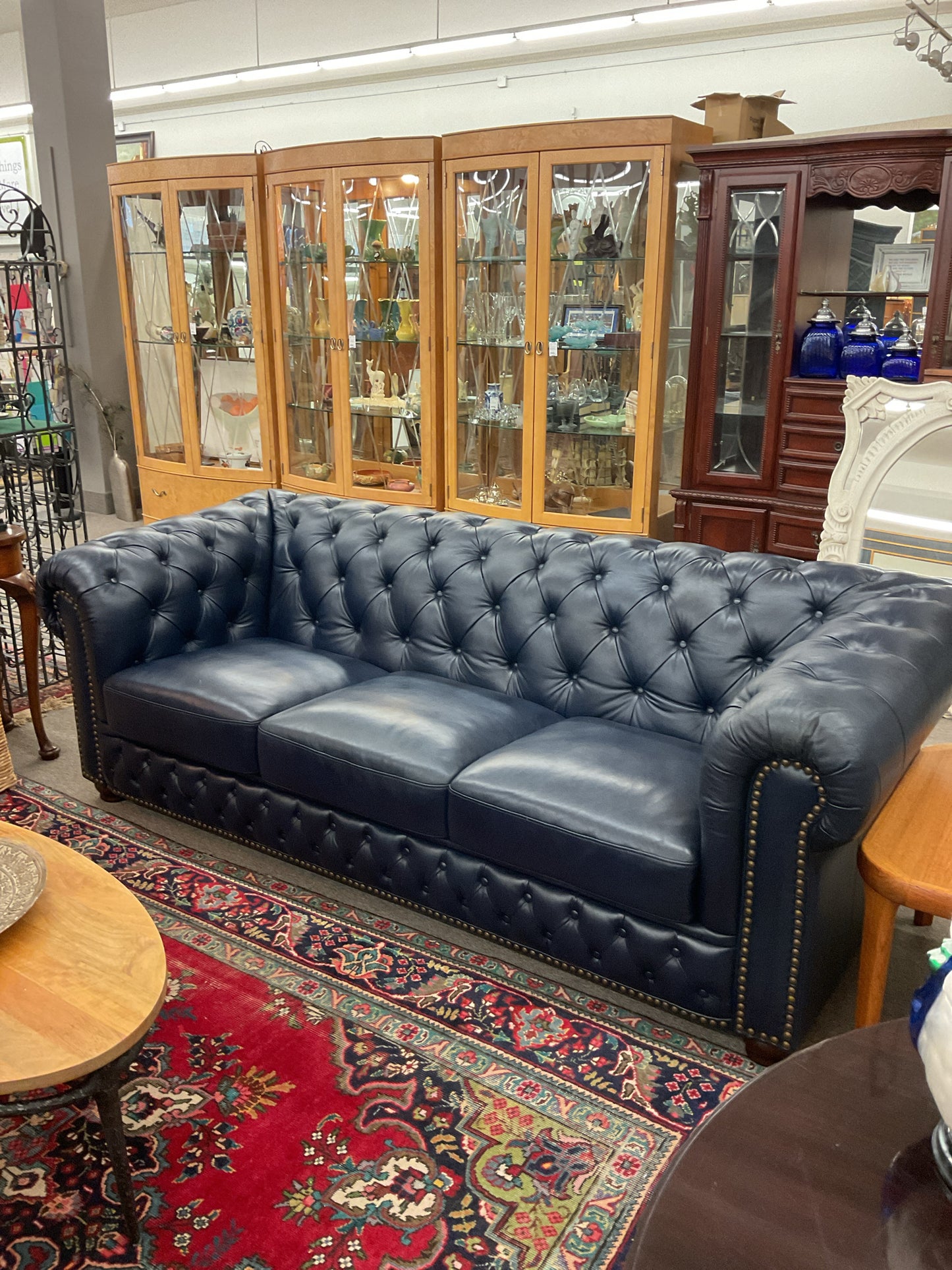 Blue Leather Chesterfield Sofa 95"L,39"D,35"H