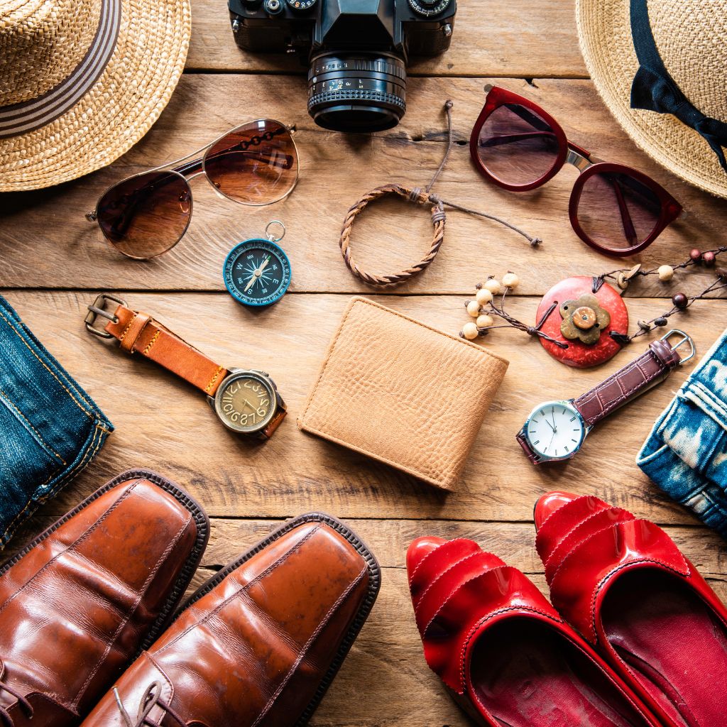 watches, shoes, hats and jeans