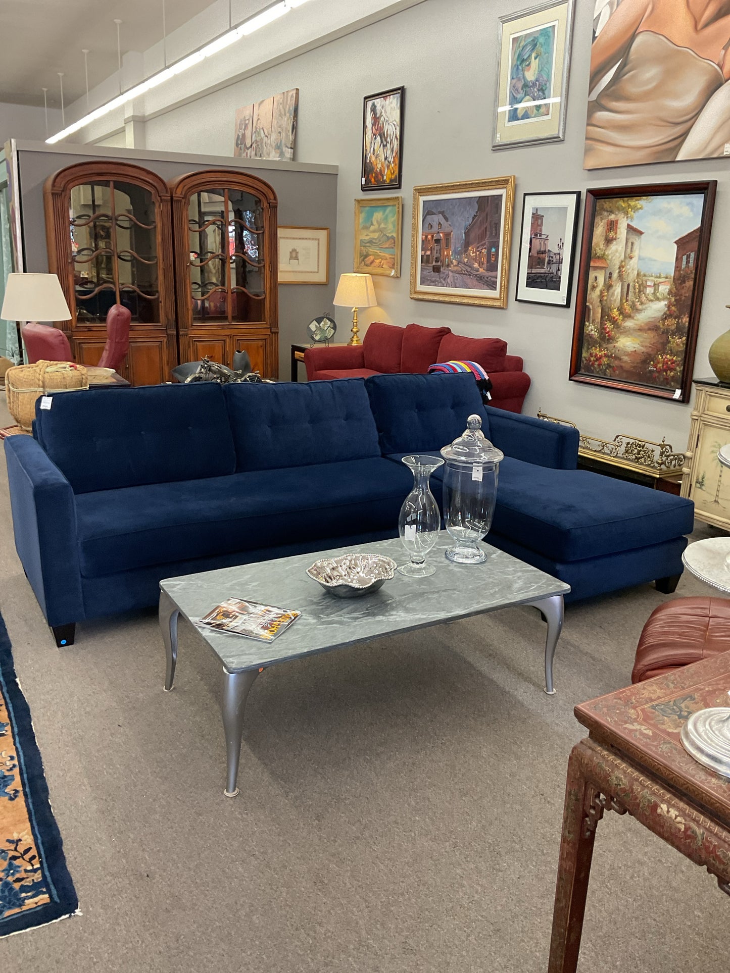 Blue Velvet 2-Piece Sectional 107"L,36"D,29"H, Chaise 66"D